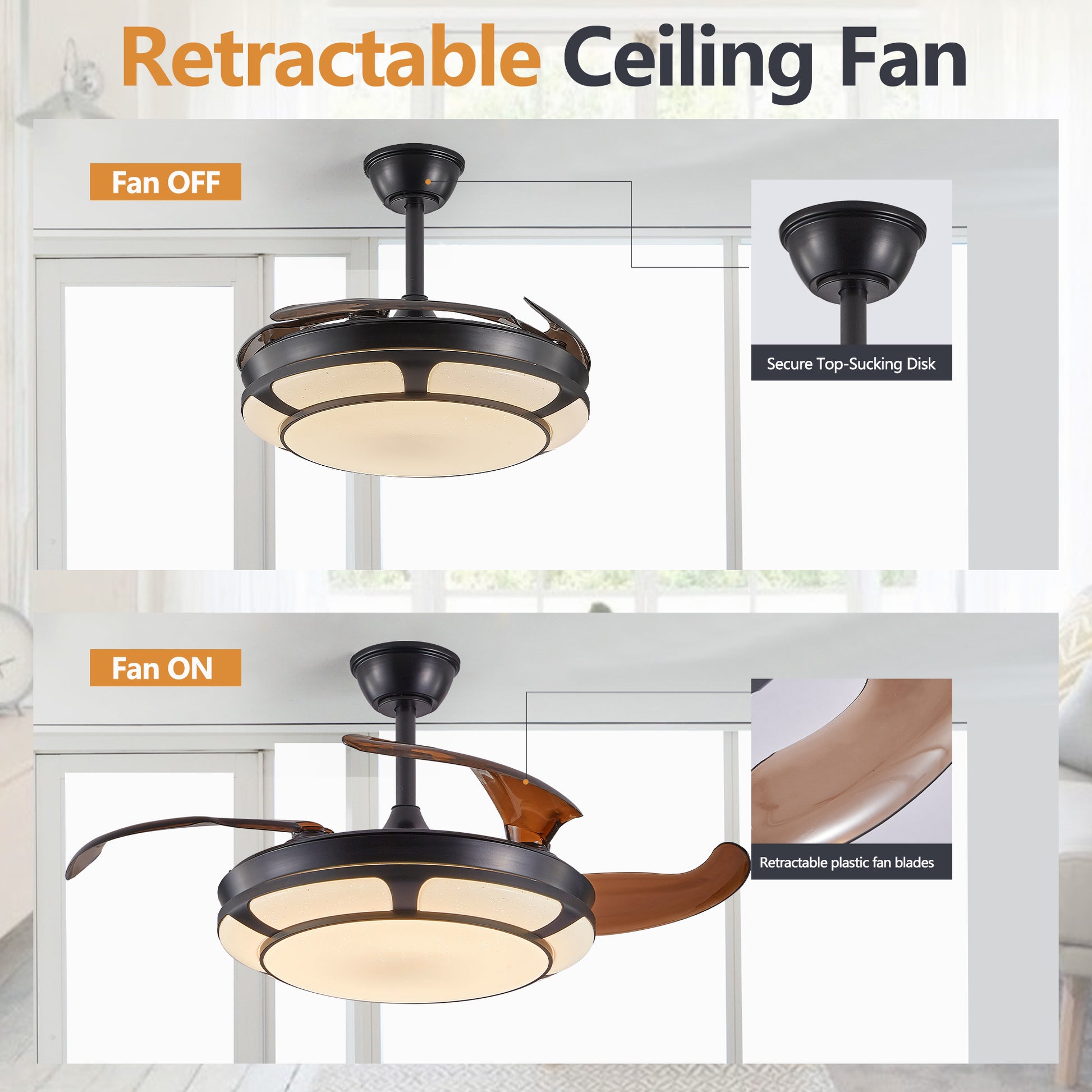 Modern Minimalist Invisible Ceiling Fan Light Retractable Fan With Led Fixtures For Living Room, Bedroom And Dining Room Black Acrylic Iron