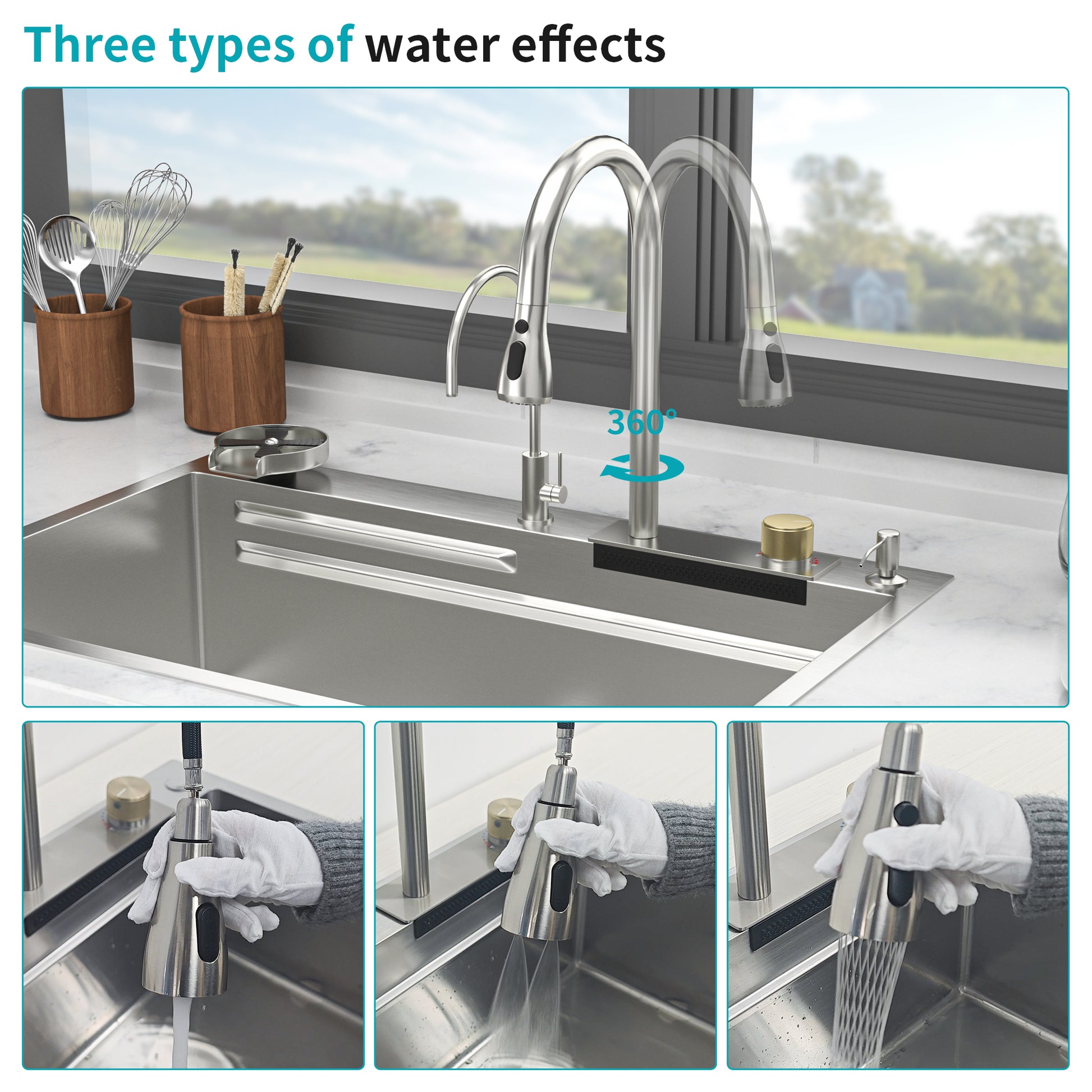 33" Drop In Waterfall Kitchen Sink 33*22 Inch Single Bowl 16 Gauge Stainless Steel Ledge Workstation Kitchen Sinks With Pull Out Faucet & Cup Washer Brushed Nickel Stainless Steel