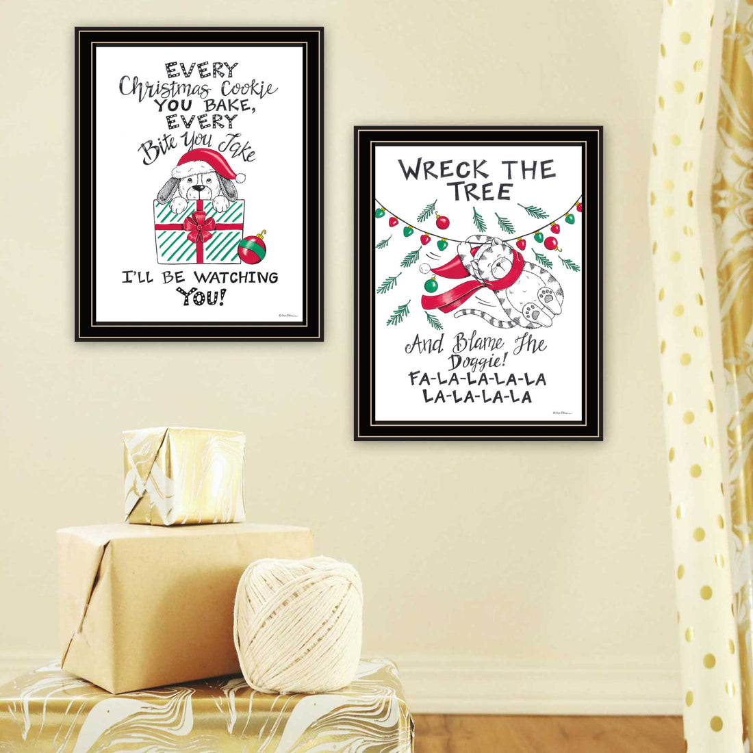 2 Piece Vignette Cat & Dog Christmas Enjoyment Black Framed Wall Art For Living Room, Bedroom Wall Art Print For Home Decor By Deb Strain Multi Wood Paper