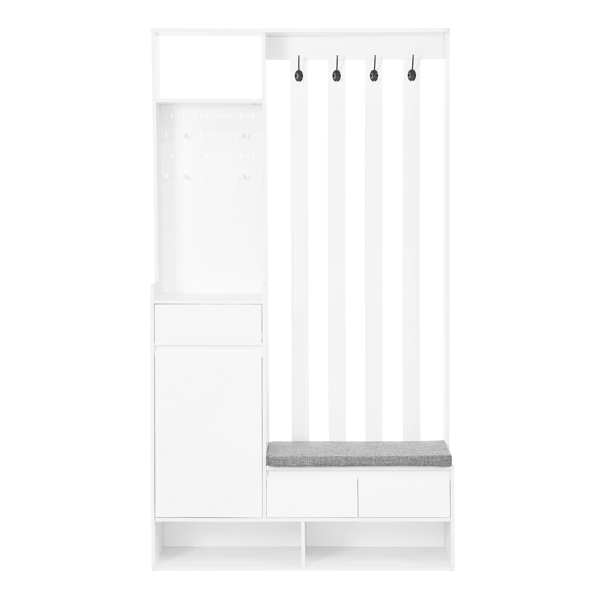 Contemporary 39.3''Wx70.8''H Hall Tree Storage With Cushioned Storage Bench, Multifunctional Hallway Shoe Cabinet With Pegboard, Modern Coat Rack With 4 Hooks For Entryway, Mudroom, White White Mdf