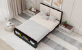 Queen Size Platform Bed Frame With Upholstery Headboard And Bookshelf In Footboard And Led Light Strips, Espresso Queen Espresso Solid Wood Mdf