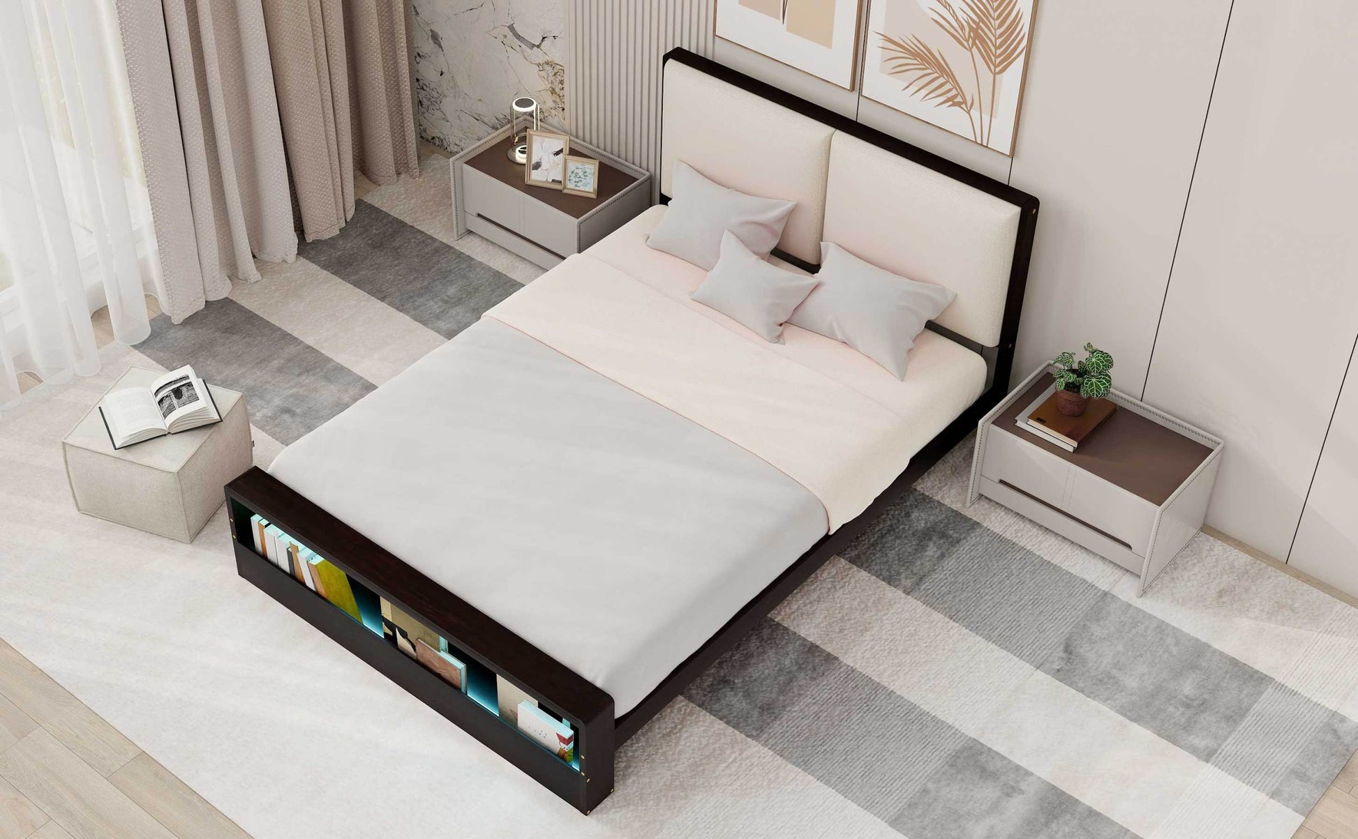 Queen Size Platform Bed Frame With Upholstery Headboard And Bookshelf In Footboard And Led Light Strips, Espresso Queen Espresso Solid Wood Mdf