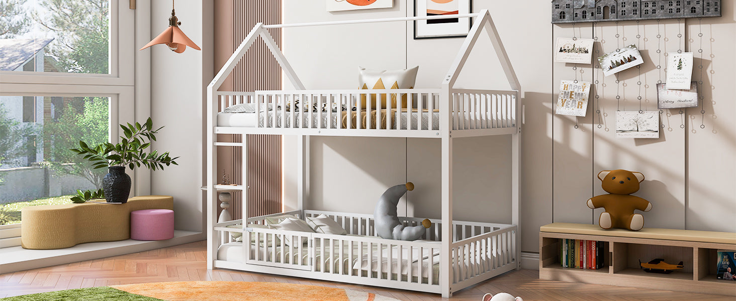 Metal Twin Over Twin House Bunk Bed With Fence And Door, White Box Spring Not Required Twin White Metal Bedroom Metal