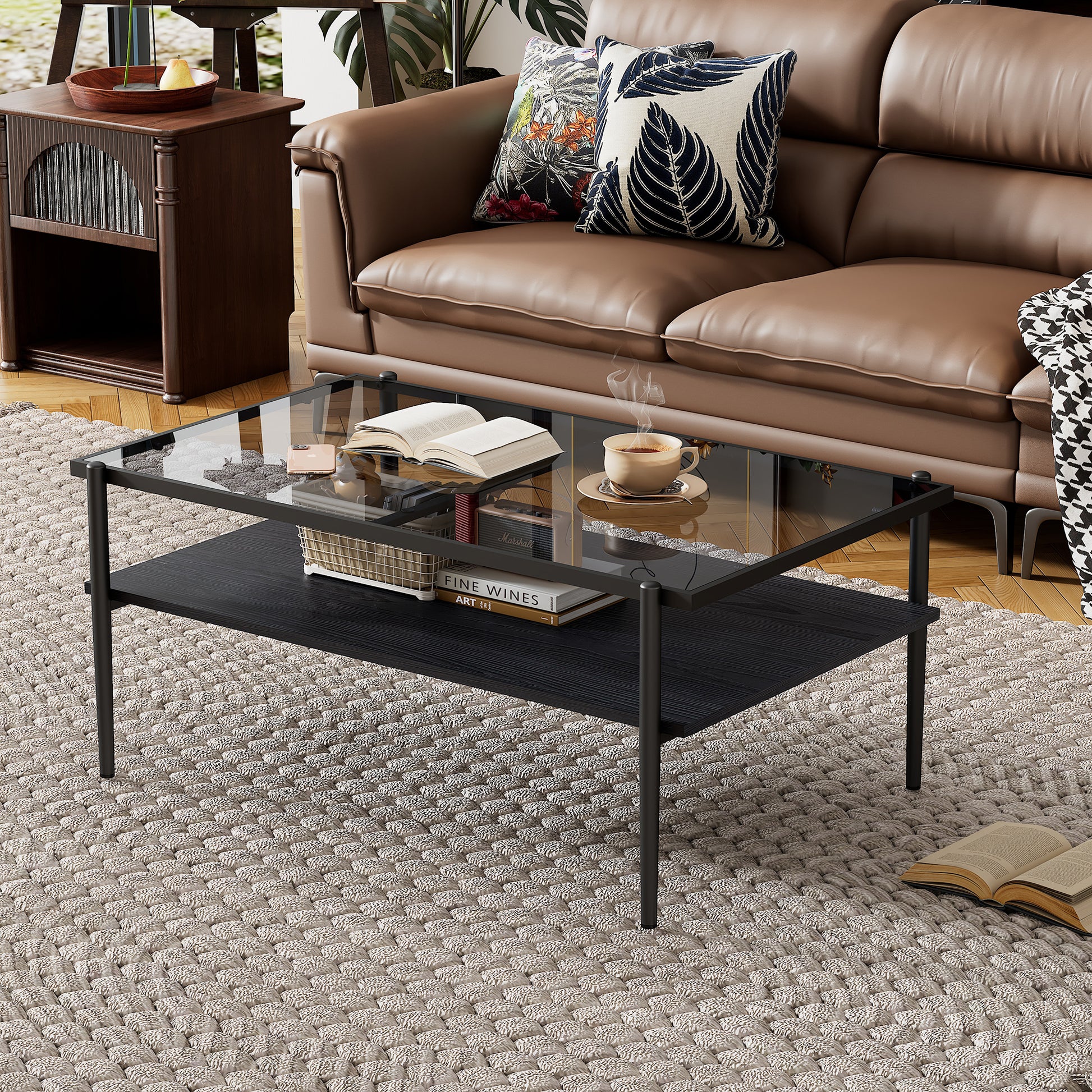 Rectangle Coffee Table With Gray Tempered Glass Top And Black Legs,Modern Table For Living Room Gray Tempered Glass