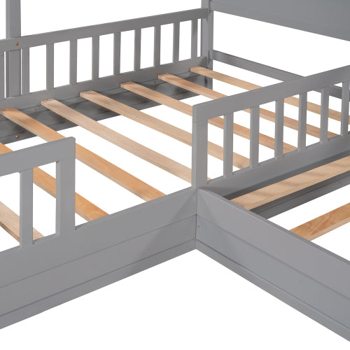 Wood House Bed Twin Size, 2 Twin Solid Bed L Structure With Fence And Slatted Frame, Gray Twin Gray Plywood