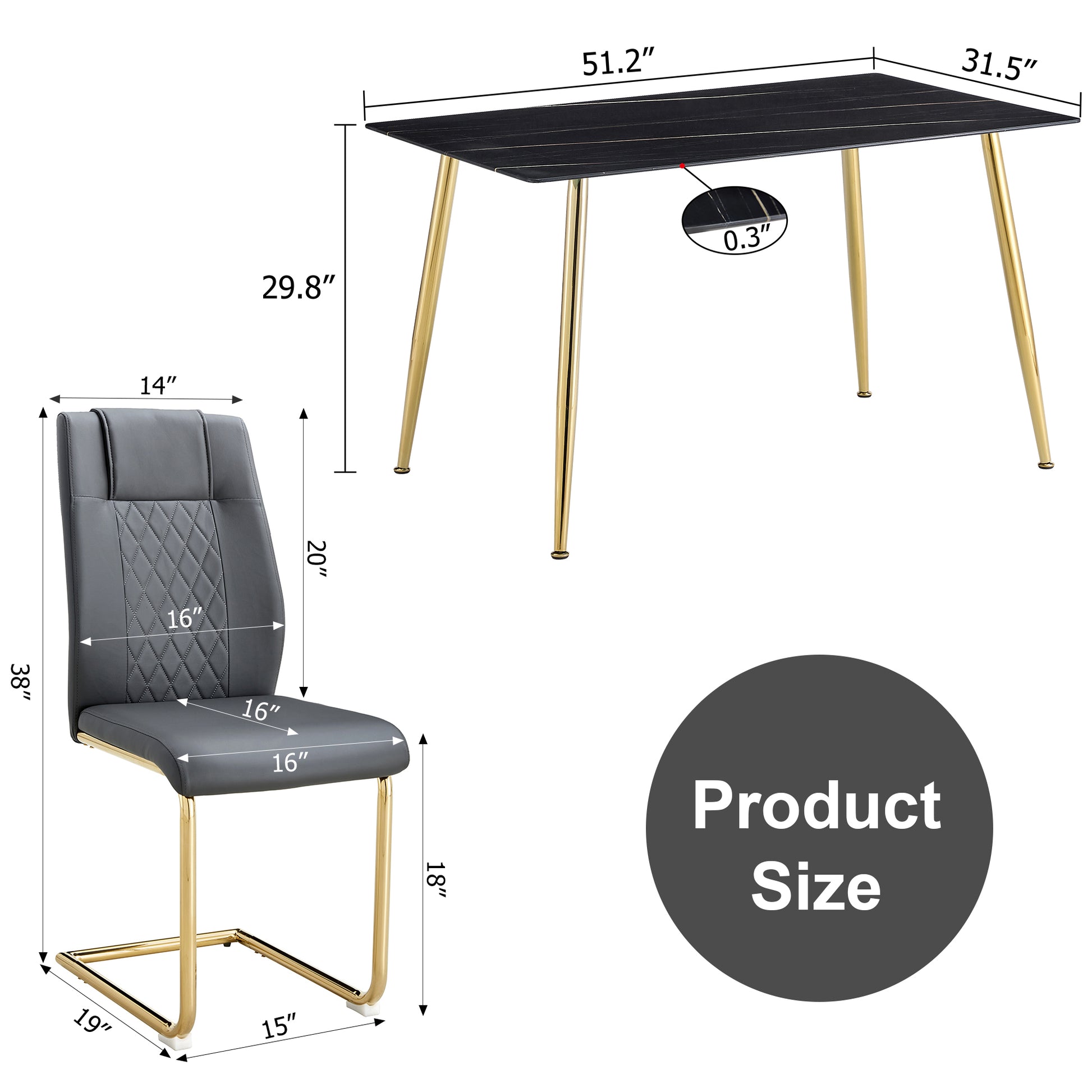 Table And Chair Set. 1 Table With 4 Gray Pu Chairs. Modern Minimalist Rectangular Black Imitation Marble Dining Table, With Golden Metal Legs. Paired With 4 Chairs With Golden Legs.Dt 1544 C001 Black Gold Glass Metal
