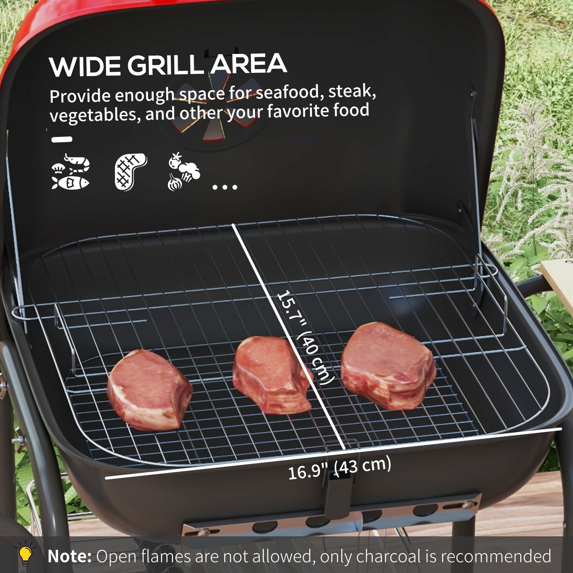 Outsunny 17" Portable Charcoal Grill With Wheels, 2 Side Tables And Bottom Shelf, Bbq With Adjustable Vents On Lid For Picnic, Camping, Backyard, Cooking, Red Red Steel