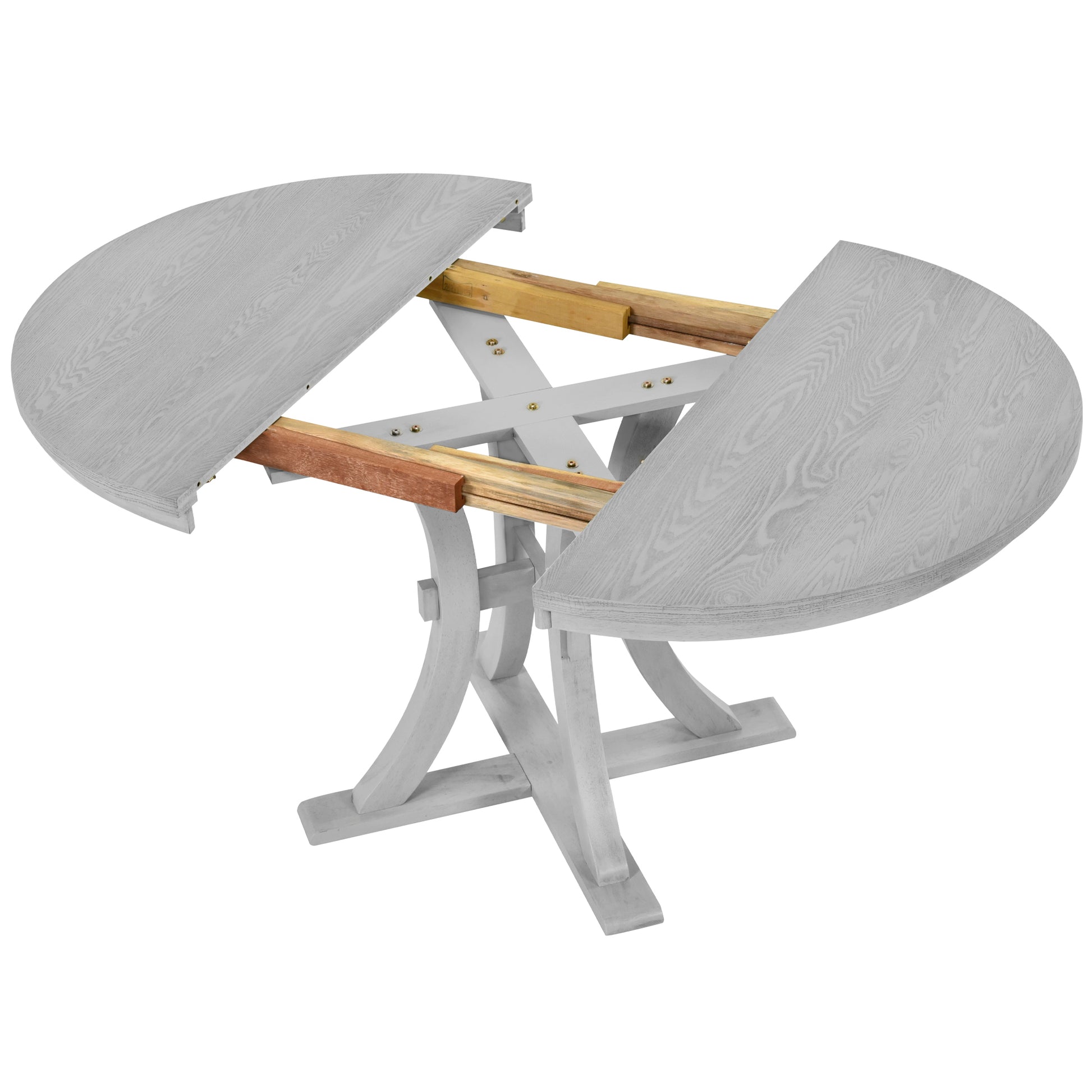 5 Piece Rustic Round Pedestal Extendable Dining Table Set With 15.7" Removable Leaf And Simple Dining Chirs For Small Places, Gray Gray Wood Dining Room Extendable Rubberwood Oval Dining Table With Chair Wood Wood Gray Seats 4 Removable Leaf Farmhouse