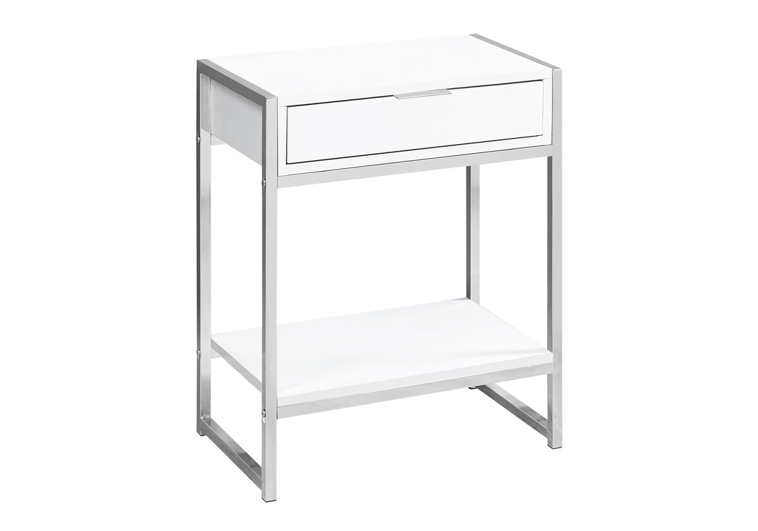 Accent Table, Side, End, Nightstand, Lamp, Storage Drawer, Living Room, Bedroom, Glossy White Laminate, Chrome Metal, Contemporary, Modern White Particle Board