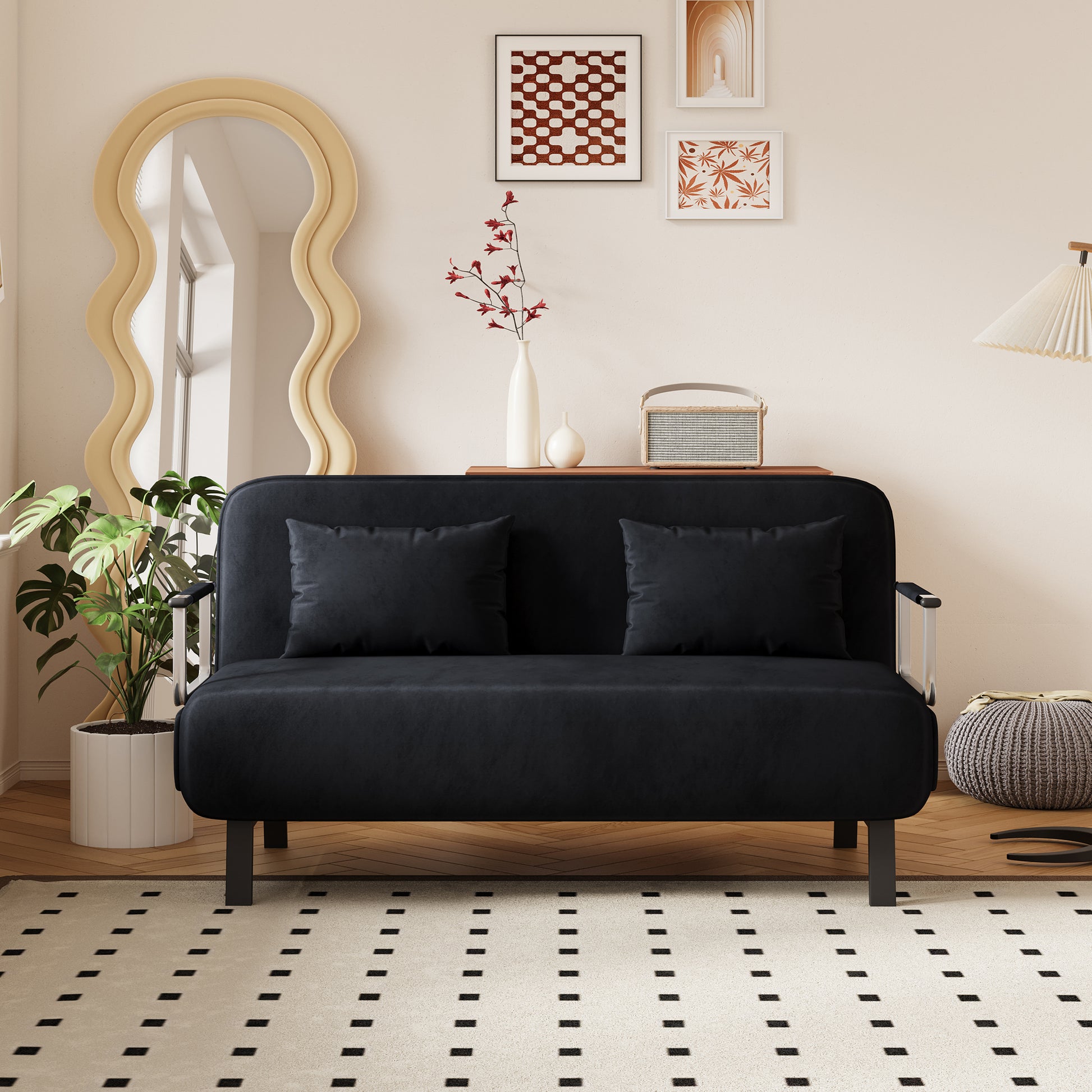 Velvet Black 55 Convertible Chair Bed, Tri Fold Sofa Bed With Adjustable Backrest & Pillow, Leisure Chaise Lounge Couch With Sturdy Steel Frame For Home & Office, Comfortable Sleeper Chair Black Velvet Metal Primary Living Space Medium Firm Contemporary