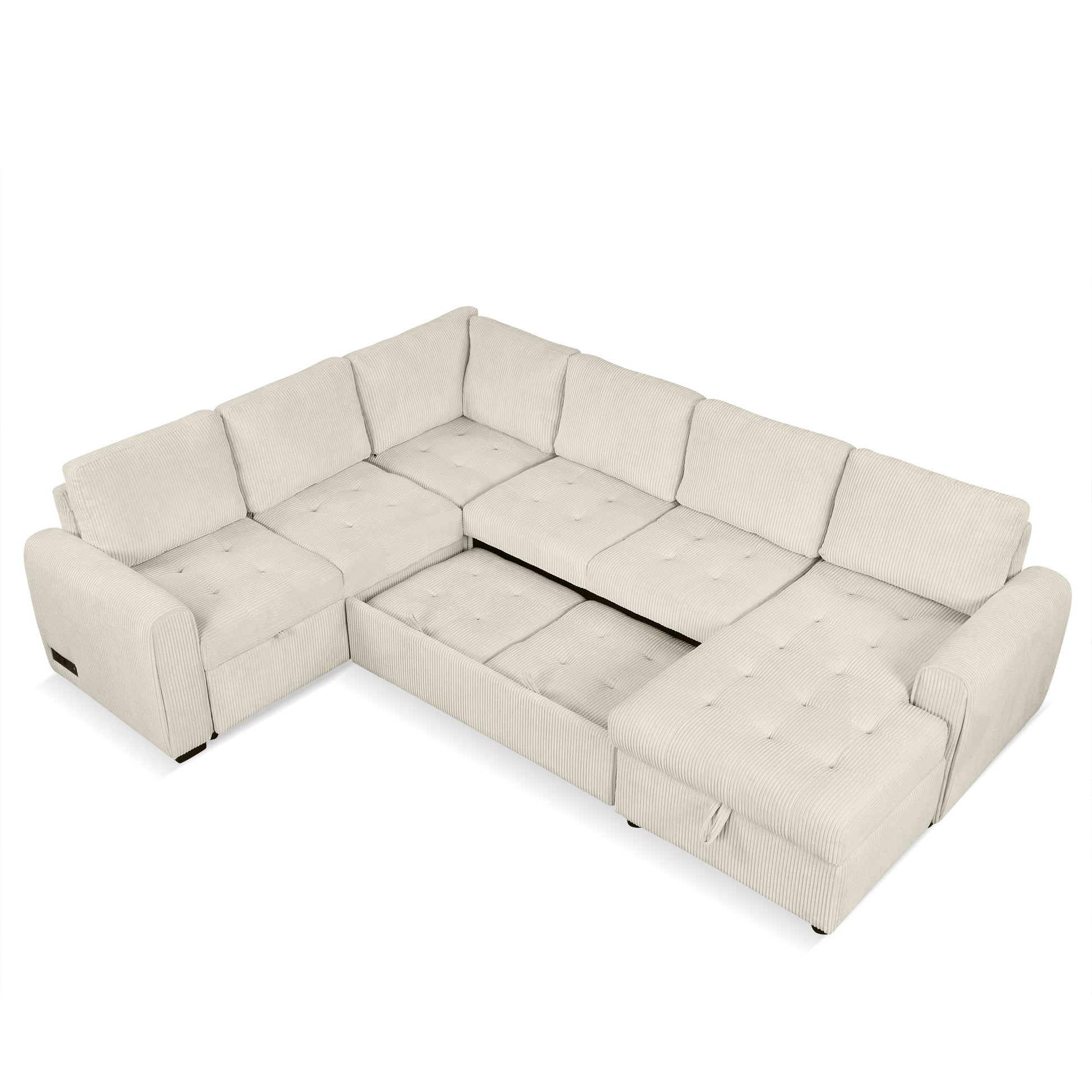 107.5" U Shaped Sofa Sectional Sofa Pull Out Sofa Bed With A Storage Chaise Lounge, Charging Devices For Living Room, Beige Beige Foam Corduroy 5 Seat