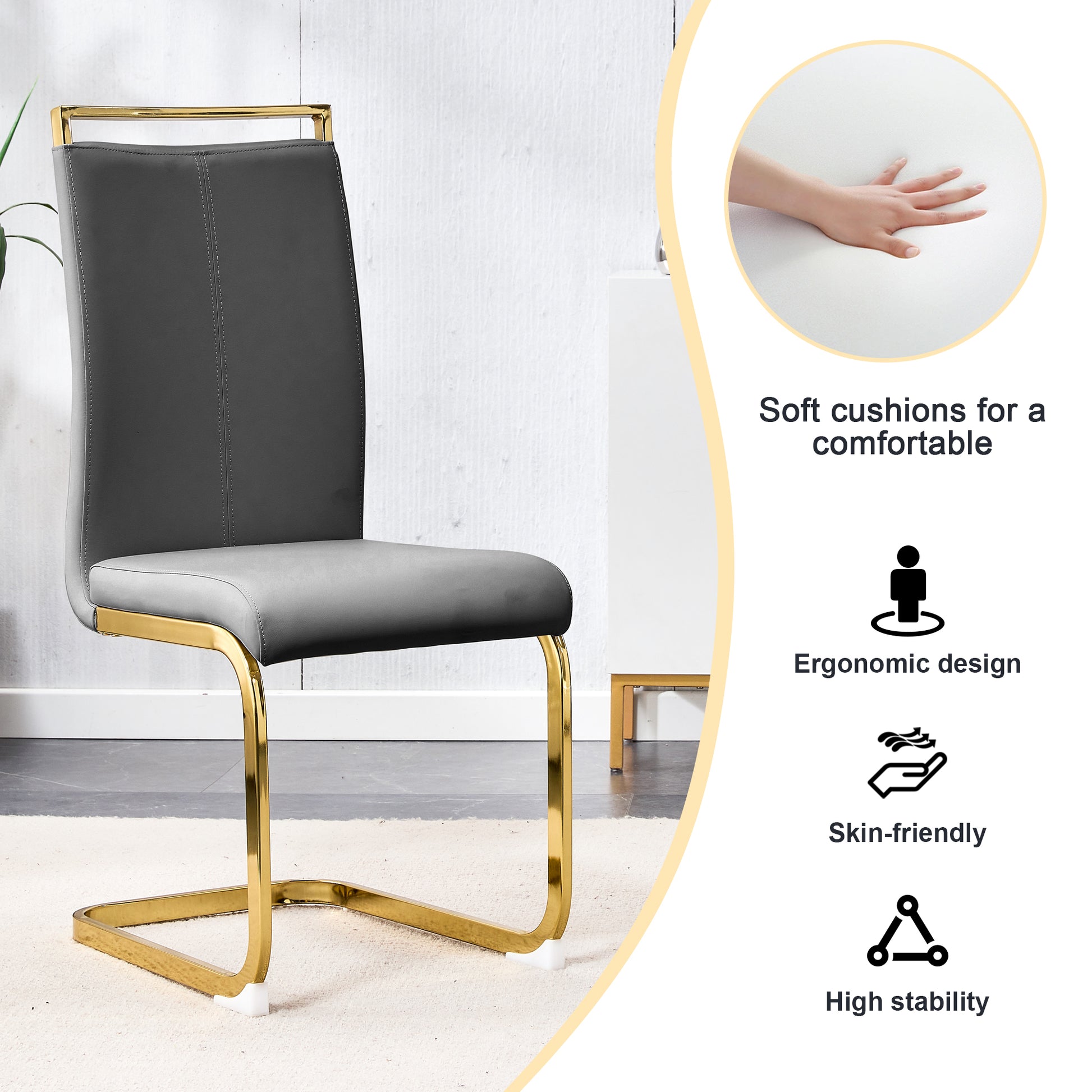 Table And Chair Set.Large Modern Rectangular Table With 0.4 Inch Patterned Glass Tabletop And Large Mdf Table Legs.Comes With 6 Chairs With Faux Leather Cushioned Seats And Golden Metal Legs. Gold White Seats 6 Mdf Glass