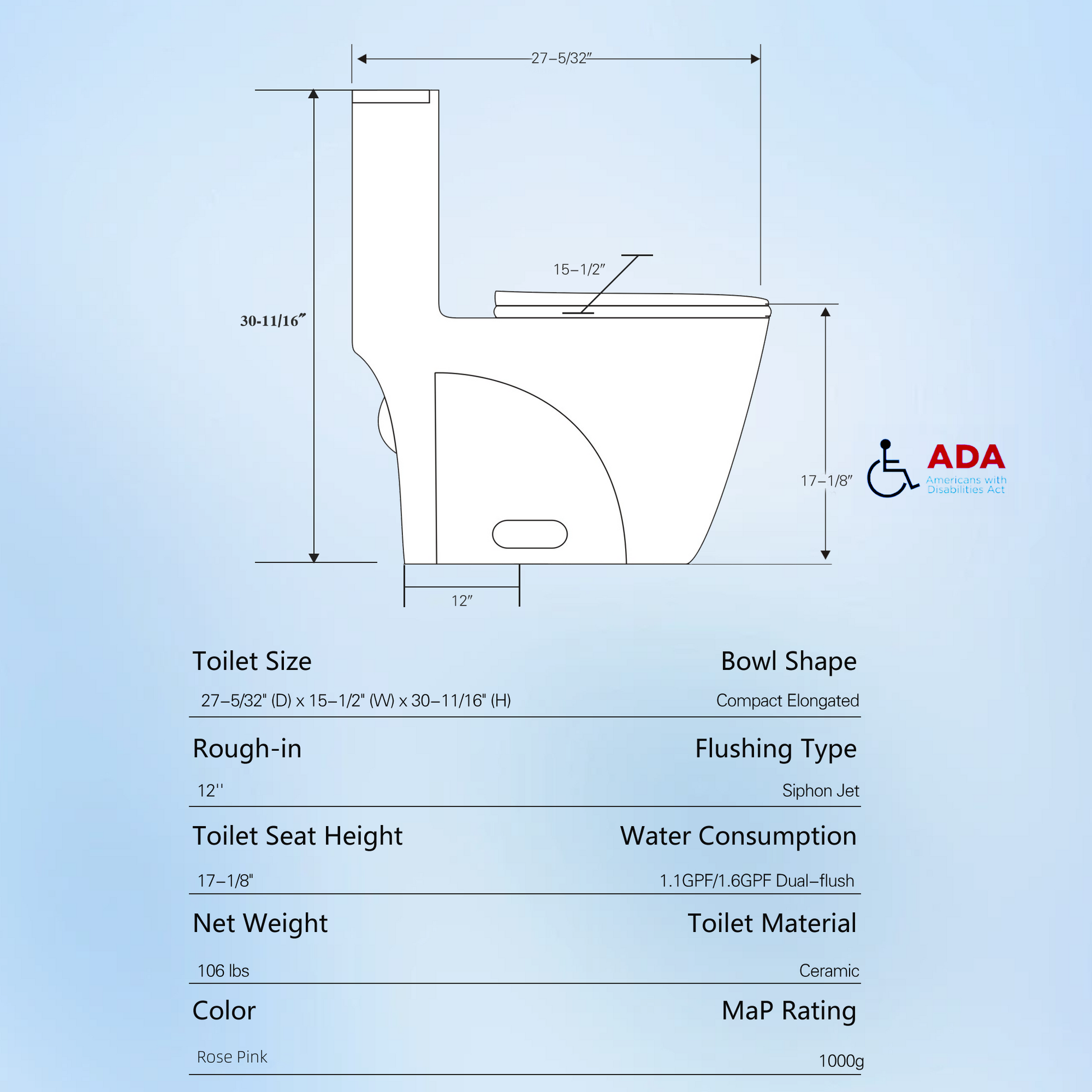 1.1 1.60 Gpf Dual Flush One Piece Toilet, Water Saving Elongated Comfort Height Floor Mounted, Soft Close 1000 Gram Map Flushing Score Toilet, Rose 23T01 Rs Rose Ceramic