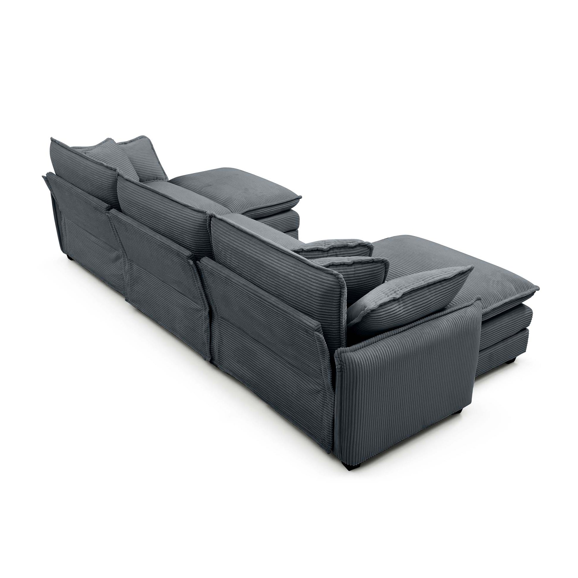 Oversized Modular Cushioned Sofa With Conversible Ottoman, 3 Seater Sofa With 2 Footstools, U Shape Sofa Ingrey Corduroy Fabric Grey Corduroy 3 Seat