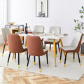 Table And Chair Set.Modern Minimalist Dining Table. White Imitation Marble Pattern Sintered Stone Desktop With Golden Metal Legs.Paried With 6 Comfortable Chairs With Pu Seats And Black Metal Legs.