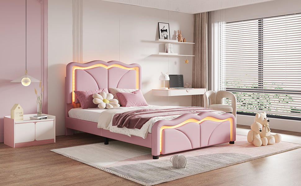 Twin Size Upholstered Platform Bed With Curve Shaped And Height Adjustbale Headboard,Led Light Strips,Pink Twin Pink Upholstered