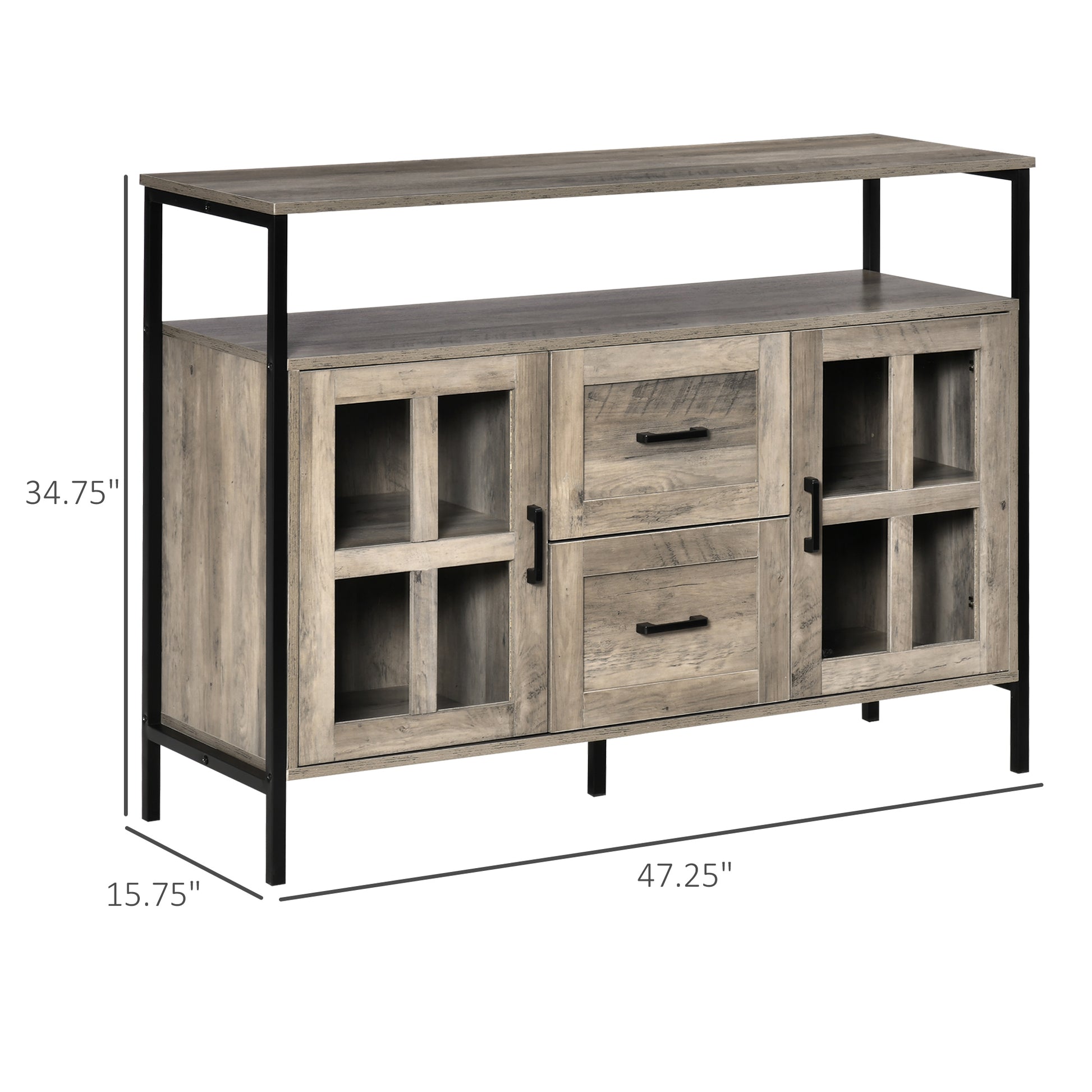 Homcom Industrial Sideboard Buffet Cabinet, Kitchen Cabinet, Coffee Bar Cabinet With Adjustable Shelves, Glass Doors, And 2 Drawers For Living Room, Gray Gray Steel