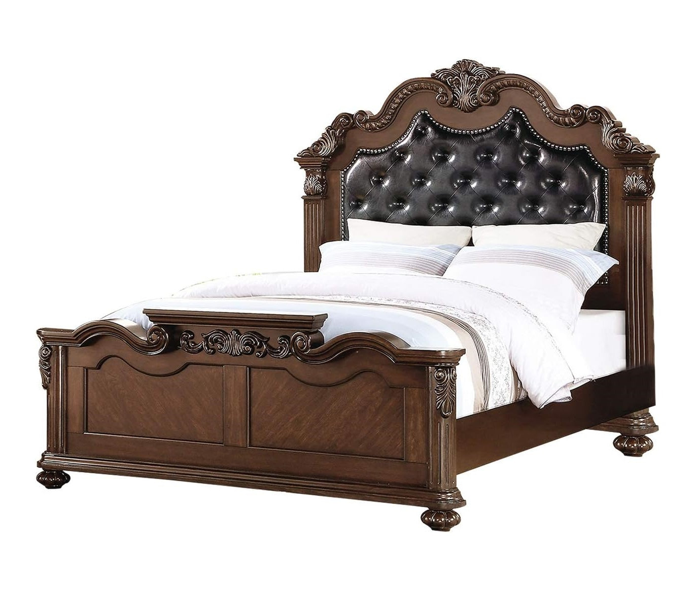 Gorgeous Traditional Antique Cherry 1Pc Queen Size Bed Tufted Faux Leather Headboard Wooden Bedframe Box Spring Required Queen Cherry,Walnut Wood Bedroom Classic,Luxury,Traditional Pine Bed Frame