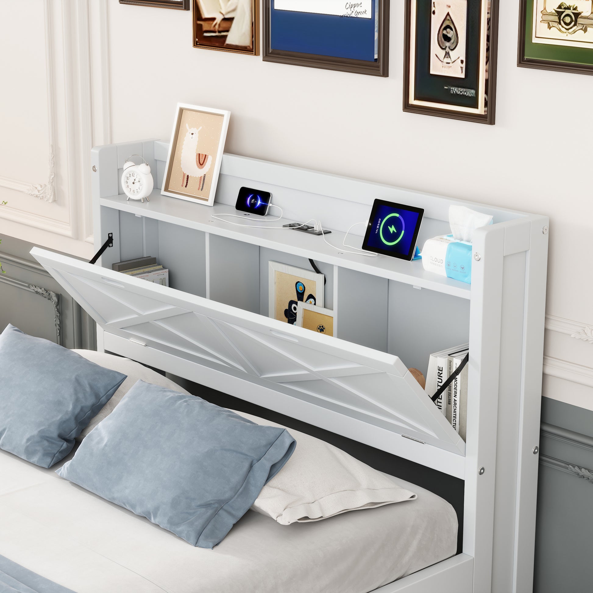 Full Size Wooden Bed With Storage Headboard With Outlets, Extendable Bed With Twin Size Trundle With Three Storage Drawers,White Expected Arrival Time:8.23 Full White Wood