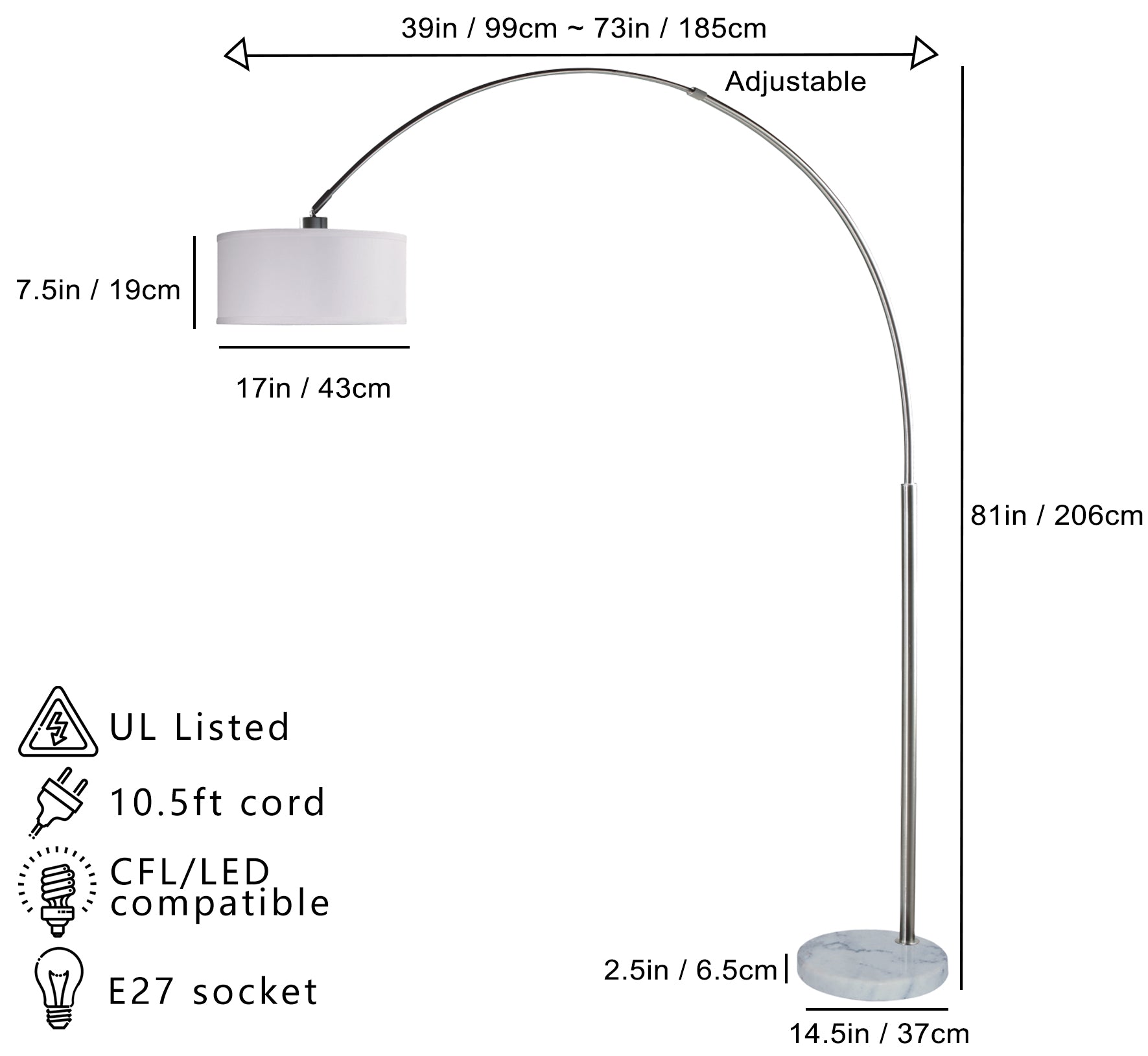 81"H White Single Arch With Marble Base Floor Lamp 1Pc Ctn 2.75 46.20 Soft White Led Metal