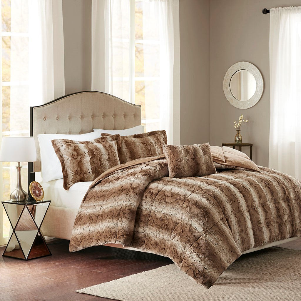 4Pc Faux Fur Comforter Set King Brown Polyester