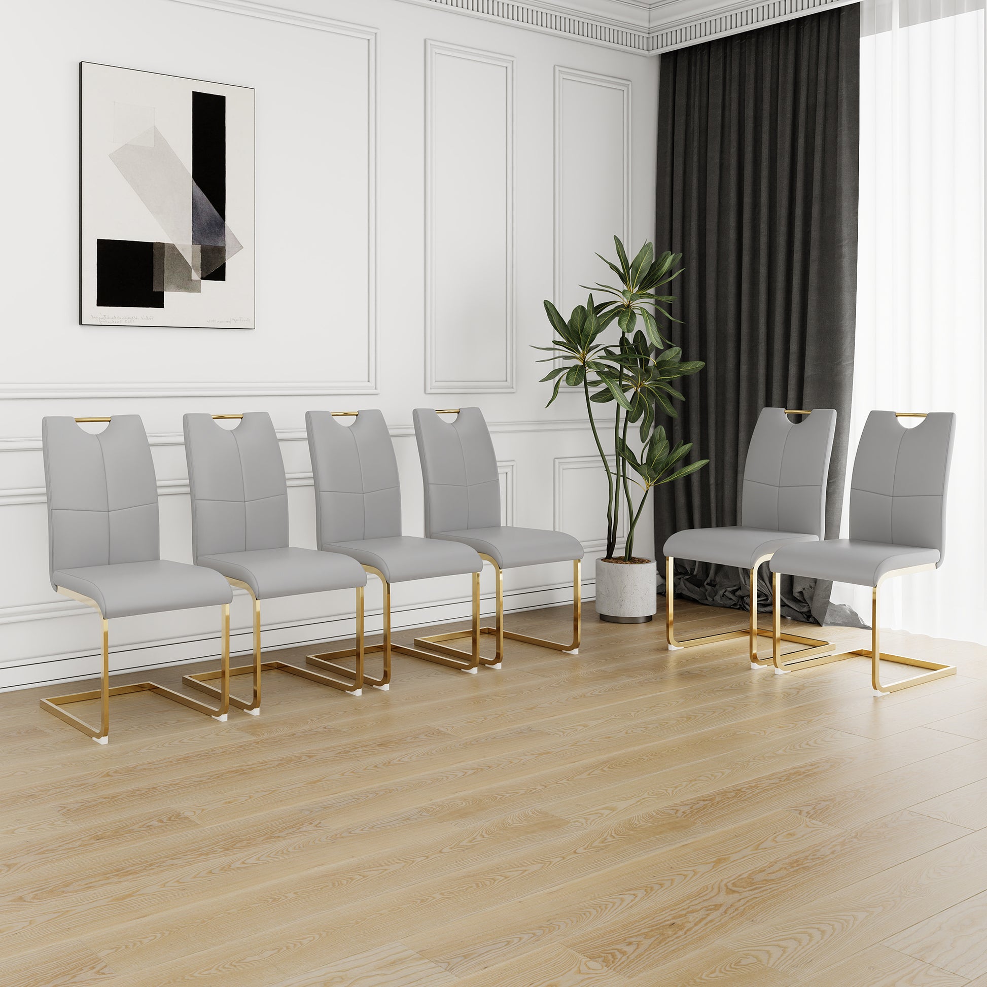 Modern Dining Chairs With Faux Leather Padded Seat Dining Living Room Chairs Upholstered Chair With Gold Metal Legs Design For Kitchen, Living, Bedroom, Dining Room Side Chairs Set Of 6 Grey Metal