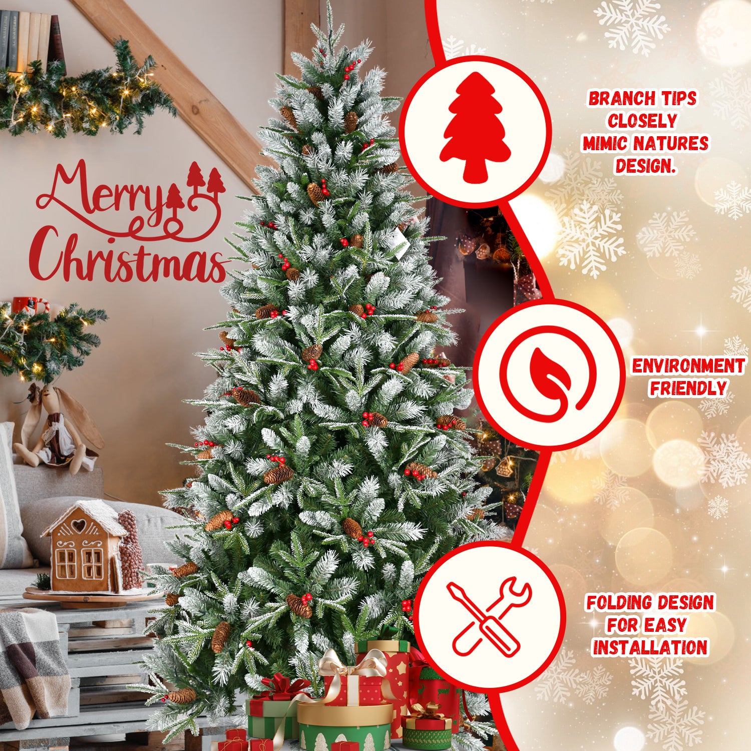 8Ft Pe Pvc Spray White Christmas Tree With 2850 Pe&Pvc Mixed Branch Tips, Hinged Premium Fake Xmas Trees, Hinged Branch & Foldable Base, Green Green Polyethylene