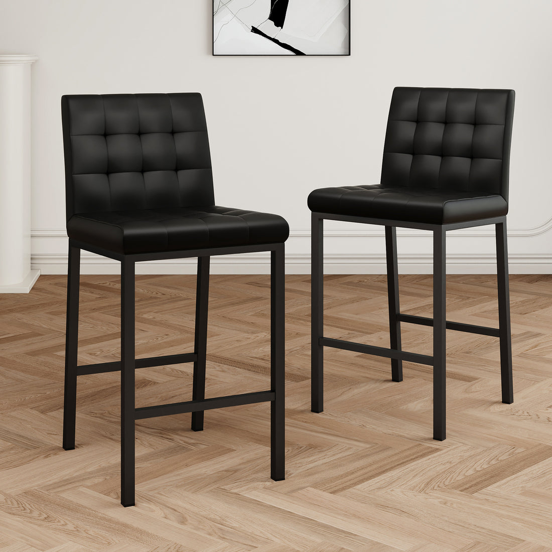 Modern Design High Stool Metal Legs Kitchen Restaurant Black Pu Bar Chair, Black Spray Painted Chair Legs, Suitable For Bar Cafe Restaurant Set Of 2 Metal Black Pu Pu