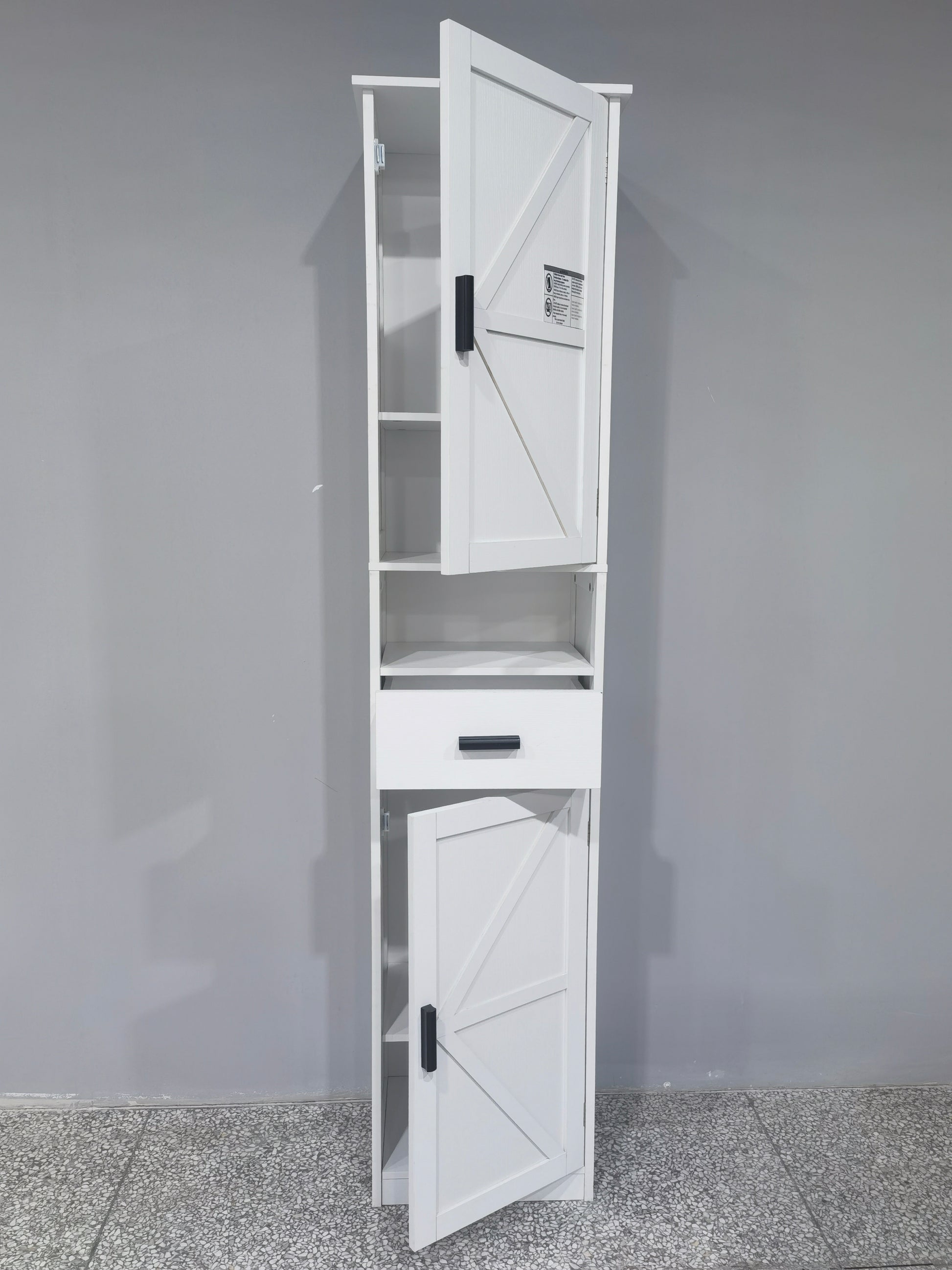 69" H Tall Bathroom Storage Cabinet With 2 Barn Doors And 1 Drawer, Narrow Storage Unit, Adjustable Shelves,Floor Cabinet For Bathroom, Living Room, Entryway,Kitchen, White White Particle Board