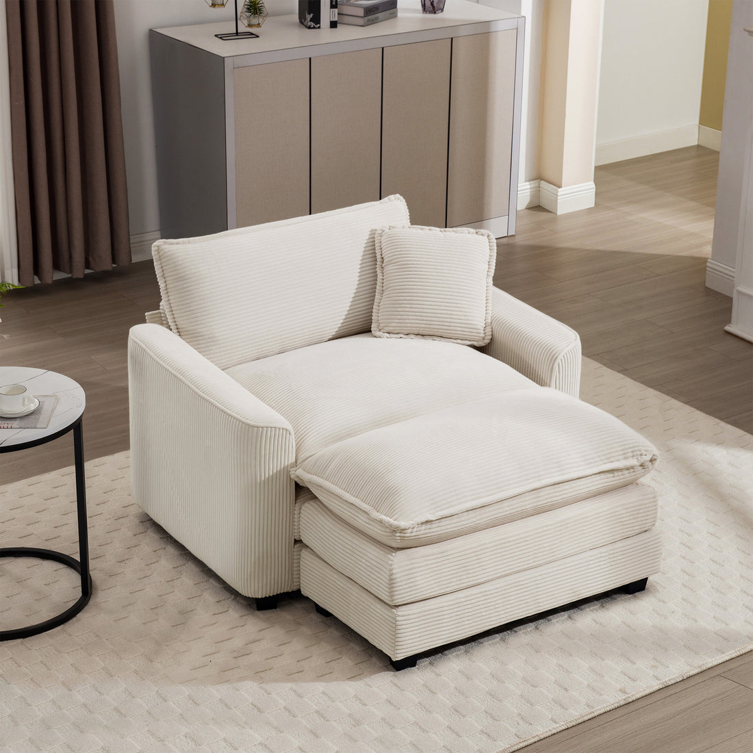 Comfortable Single Chair Deep Seat Sofa With Footstool With One Pillow, Accent Chair With Ottoman Suitable For Living Room And Bedroom And Reading Room, Light Beige Corduroy Fabric Beige Corduroy 1 Seat