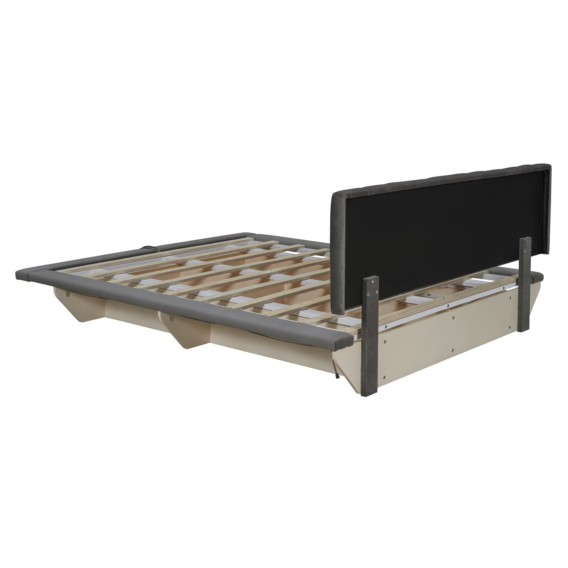 Queen Size Upholstered Floating Bed With Led Light And Usb Port, Velvet, Gray, Hydrualic Platform Bed Queen Gray Velvet