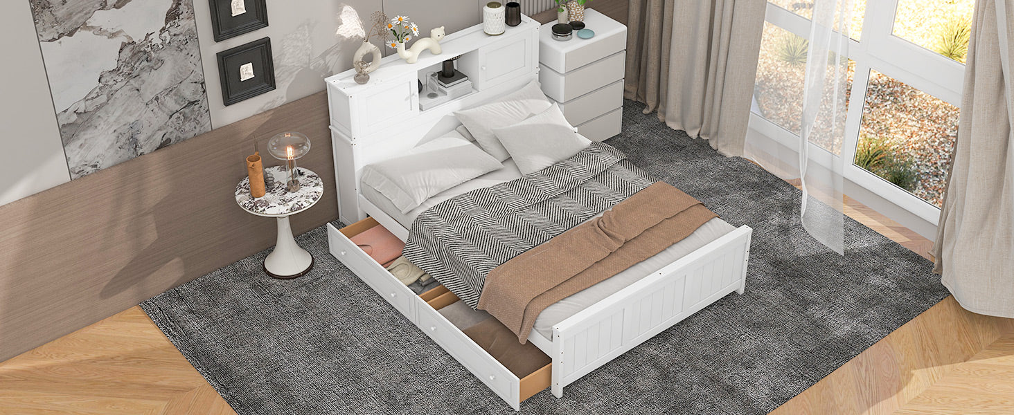 Full Size Platform Bed With Storage Headboard And Sliding Door,2 Drawers, White Full White Solid Wood Mdf