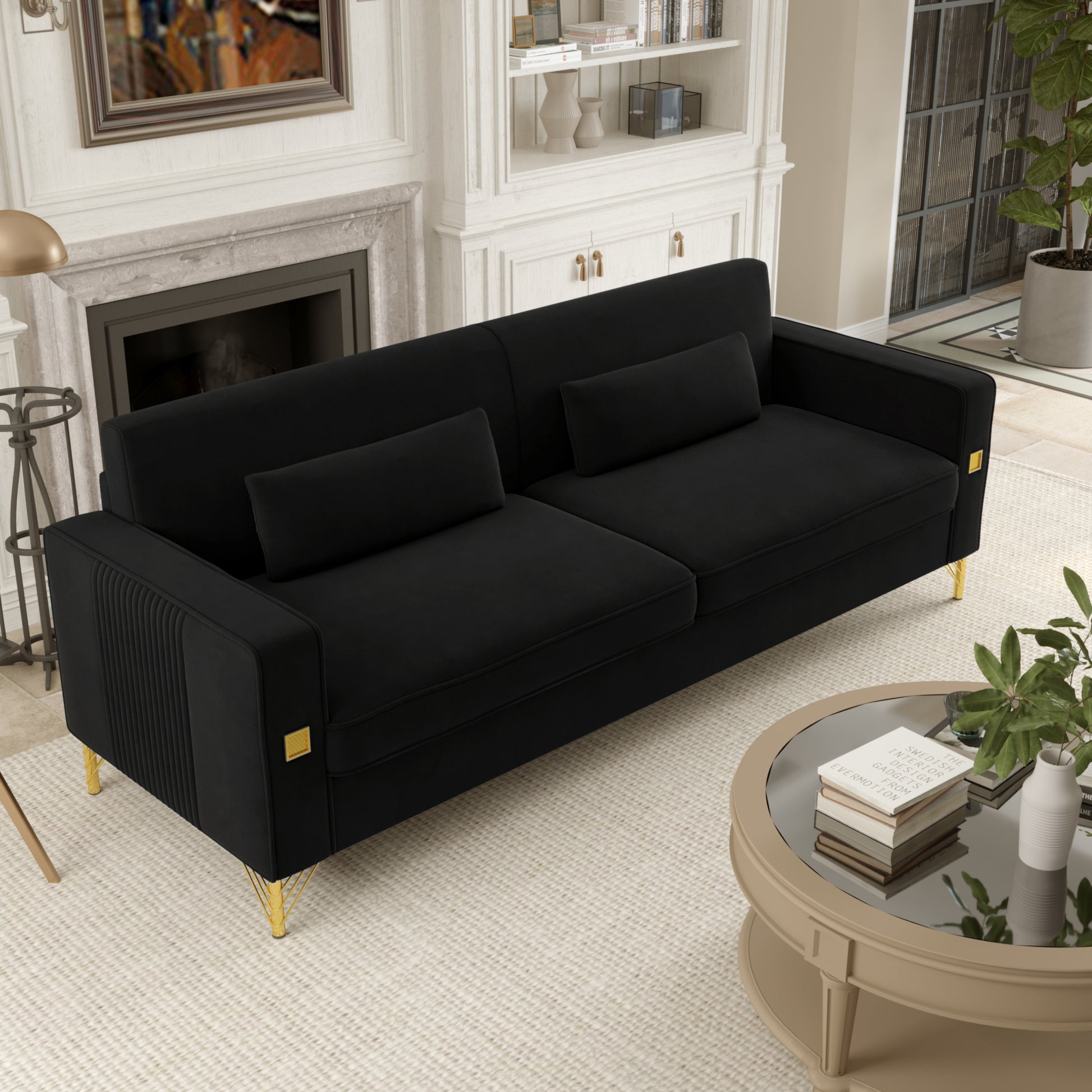 Fx P18 Bk Sofa Black Velvet 3 Seat