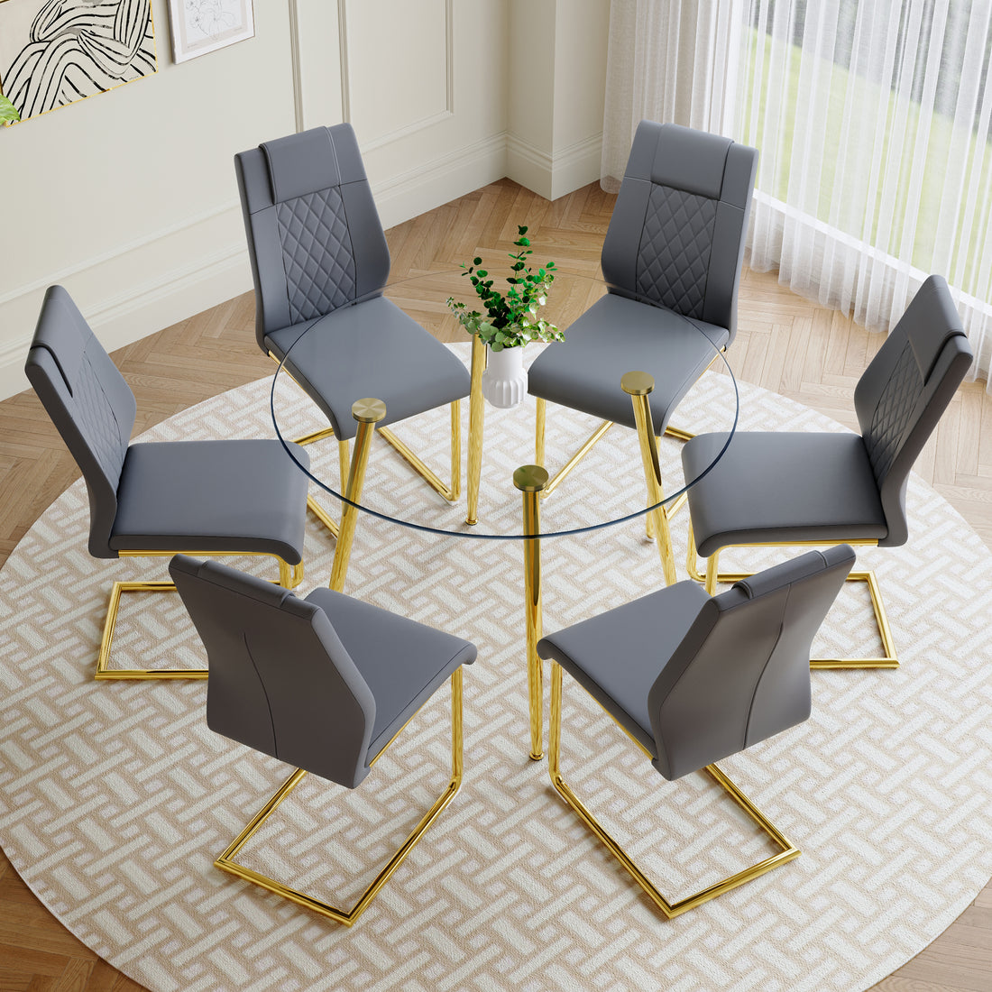 A Modern Minimalist Style Round Transparent Tempered Glass Table With Gold Metal Legs, Paired With 6 Modern Pu Leather High Back Dining Chairs Bring A Luxurious Experience. Gray Seats 6 Glass Metal