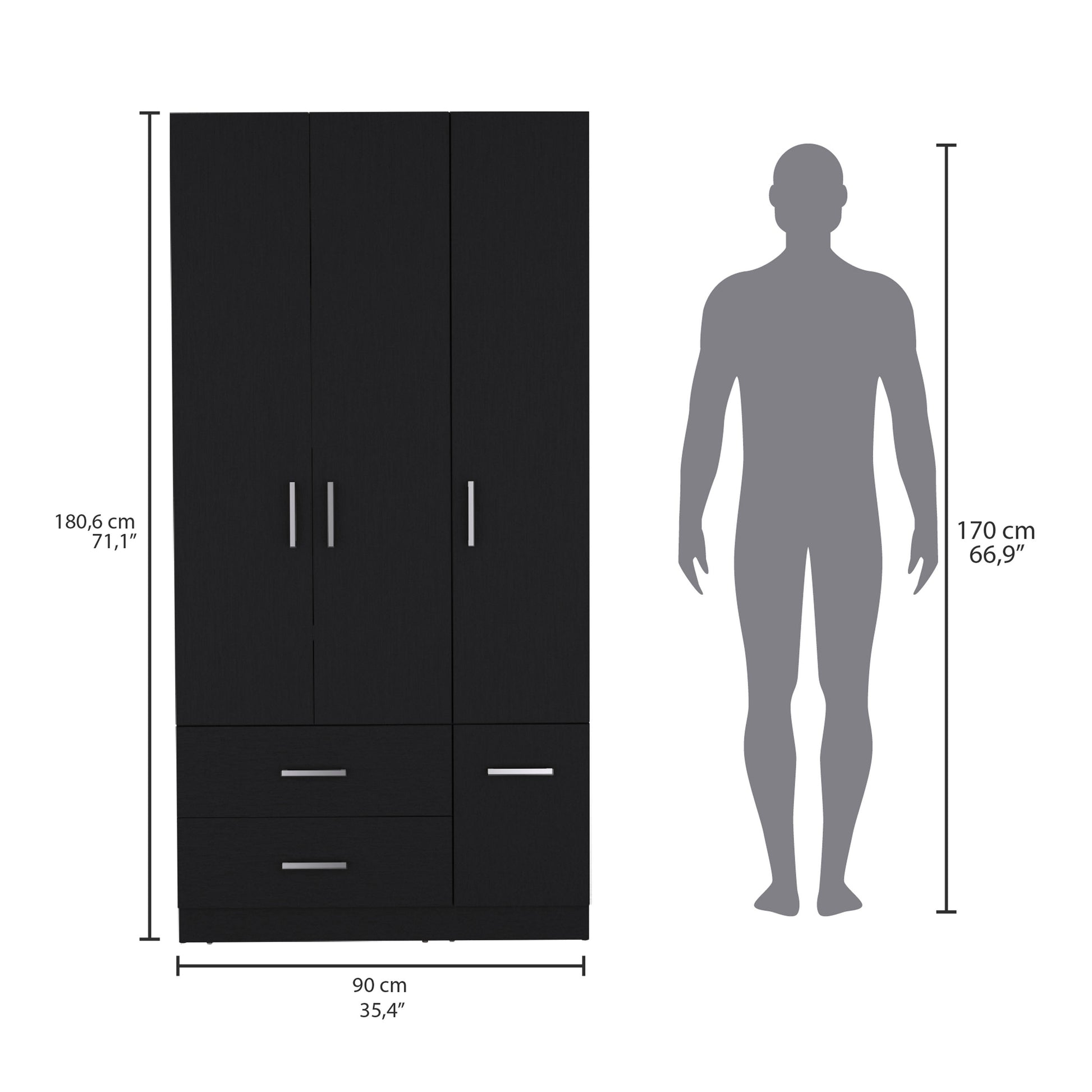 Sebree 71" High Armoire Wardrove Closet With 2 Drawers, Four Doorsthree Cabinetsix Shelves And Hanging Rod, Bedroom Clothes Storage Cabinet Organizer Black Black Particle Board