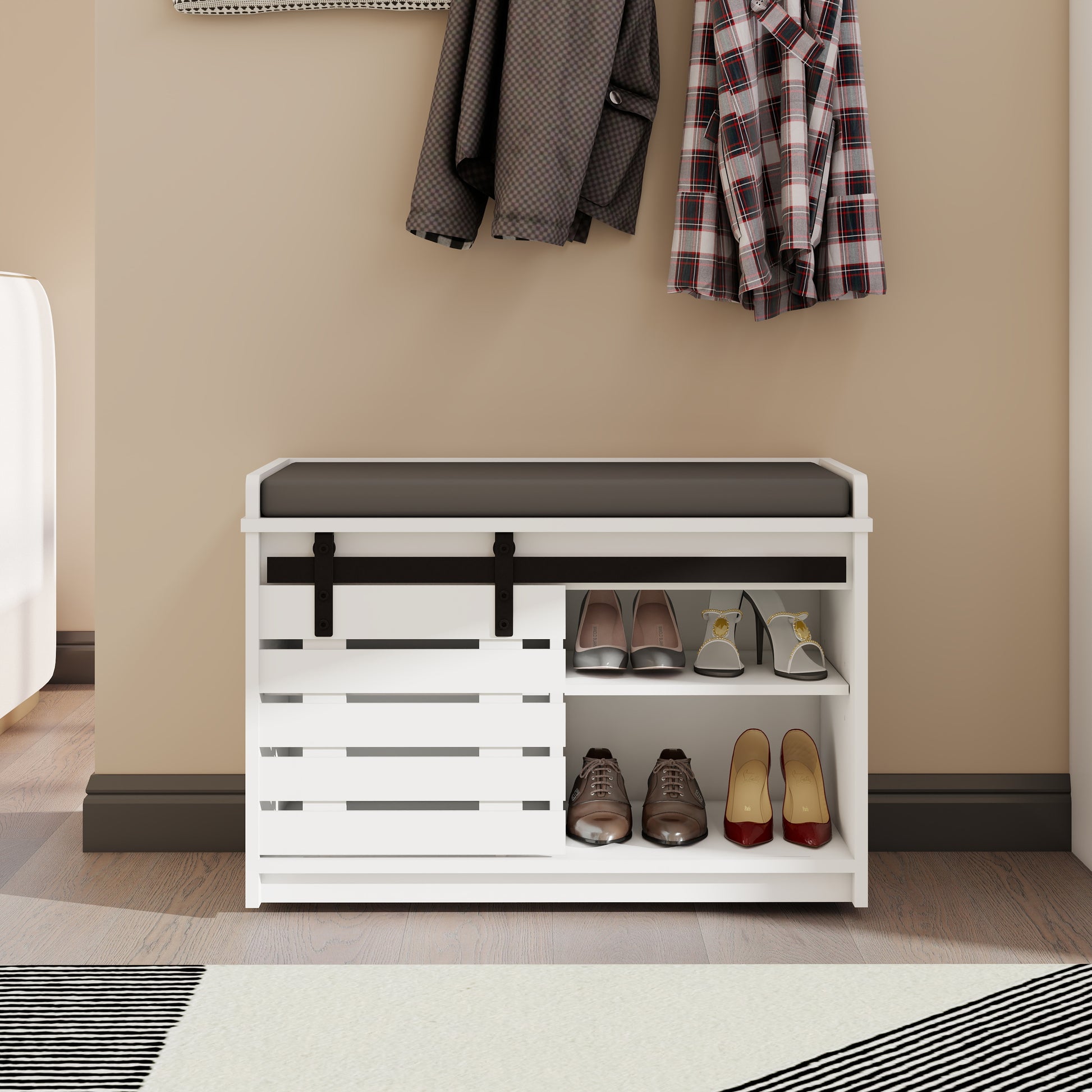 Modern Shoe Storage Bench, 2 Tier Entryway Bench With Sliding Barn Door & 2 Adjustable Shelves & Full Soft Removable Seat Cushion For Entryway, Hallway, Bedroom White White Mdf