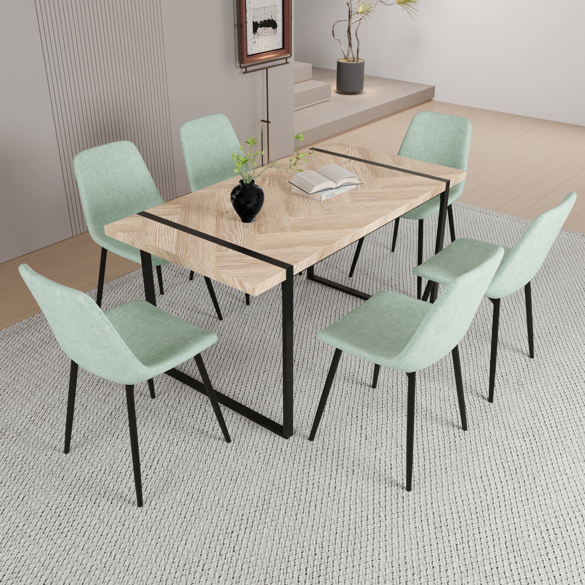 59" Mdf Light Wood Dining Table And Modern Dining Chair 8 Piece Set, Medieval Wooden Kitchen Dining Table Set, Rectangular Metal Base, Dining Table And Suede Chair Green Buy 6 Chairs And Get 2 Free