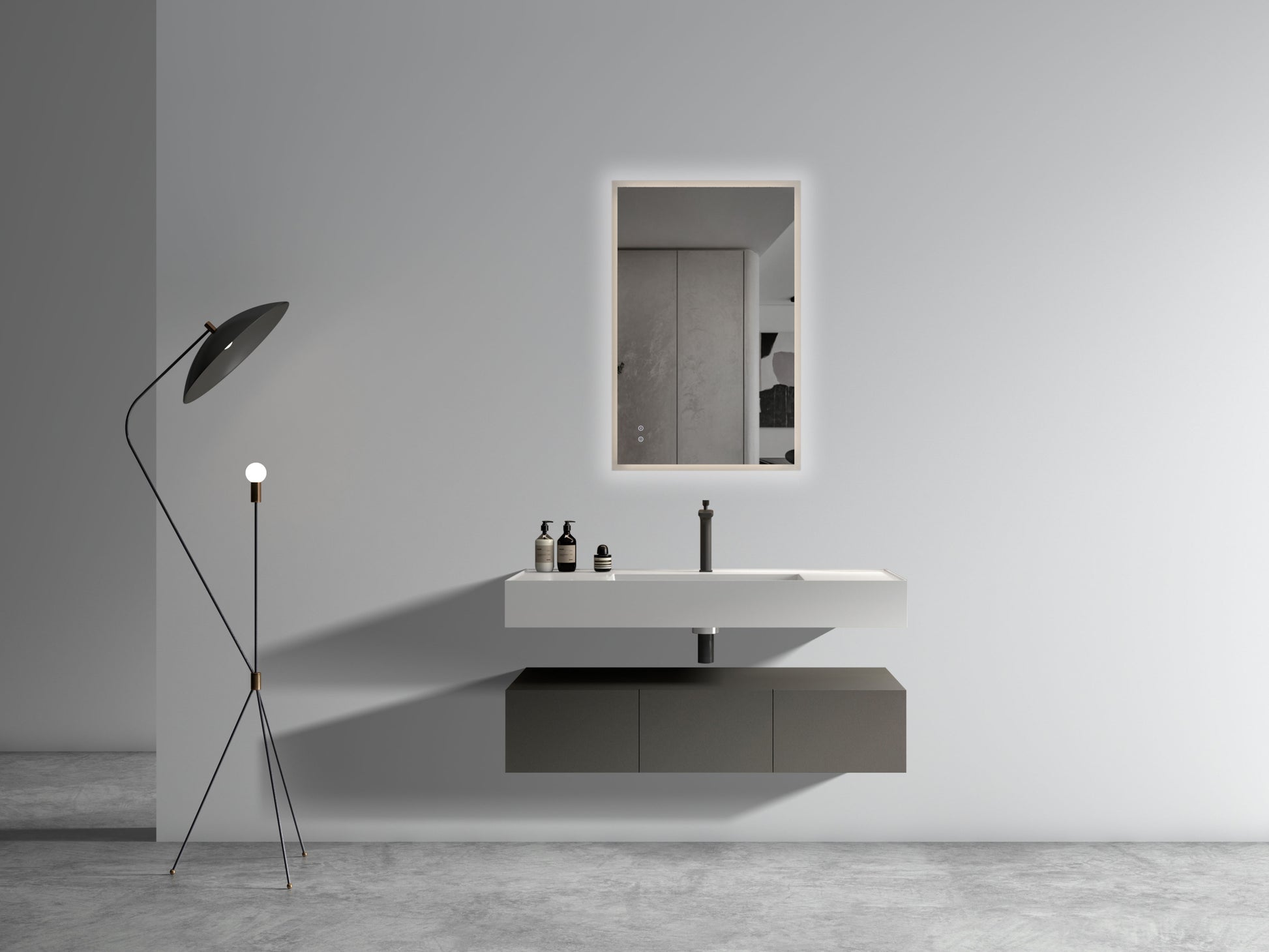 U064 Flora48W 102 Floating Bathroom Sink With Storage Cabinet, Space Gray Wall Mounted Basin With Cabinet With 3 Soft Close Doors Gray Bathroom Modern Engineered Wood