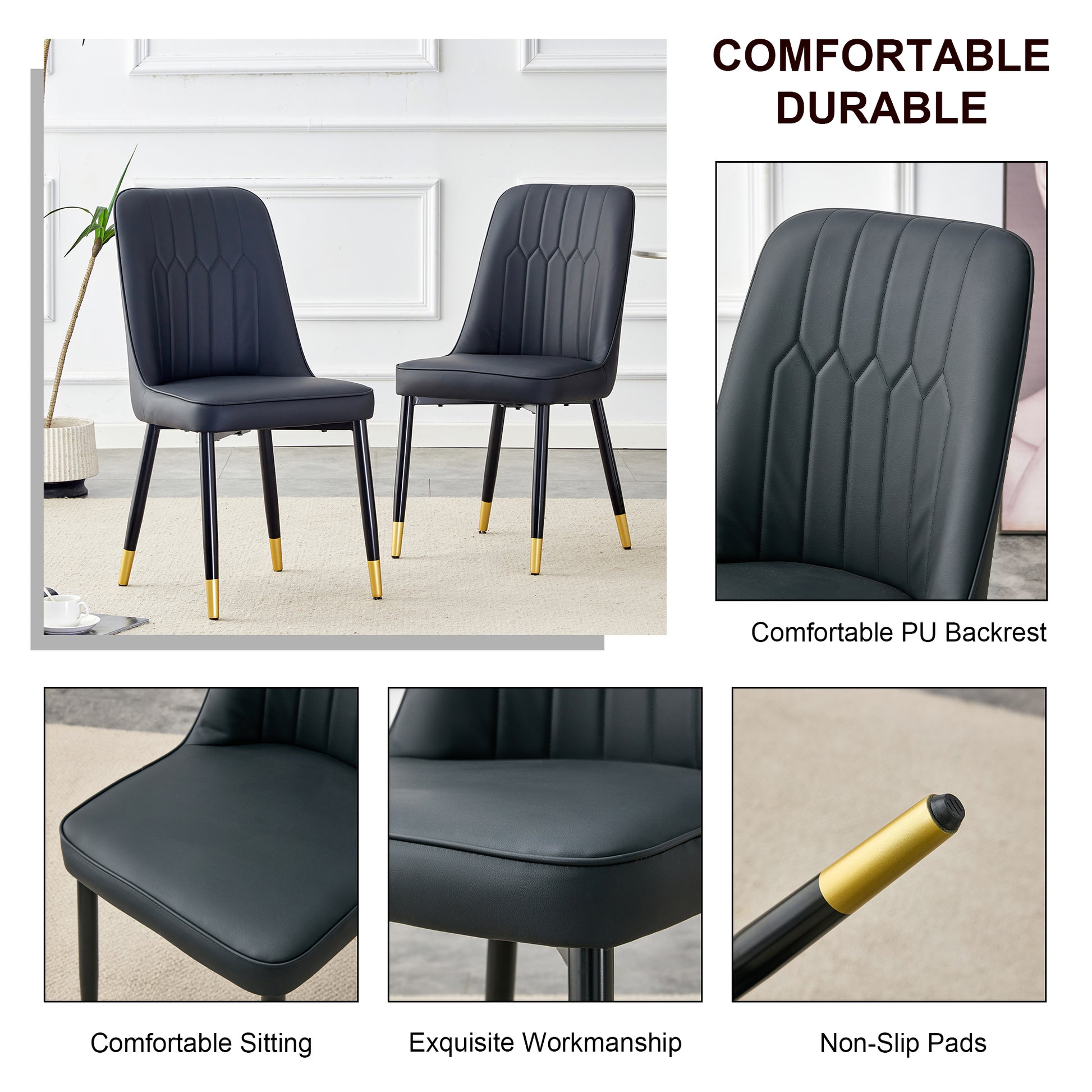 Large Modern Minimalist Rectangular Dining Table With 0.39 "Imitation Marble Black Desktop And Gold Metal Legs, Paired With 8 Chairs With Pu Cushions And Black Metal Legs.F 1538 C 007 Black Gold Glass Metal