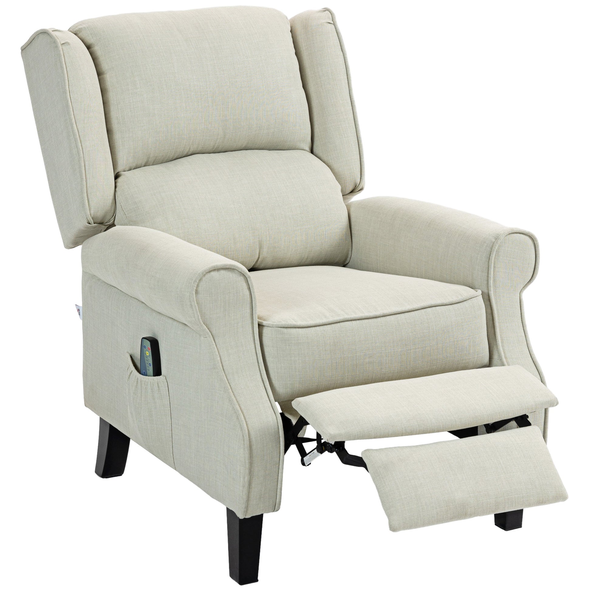Homcom Vibration Massage Recliner Chair For Living Room With Heat, Wingback Single Sofa, Modern Linen Fabric Push Back Reclining Chair With Footrest, Side Pocket, White White Linen