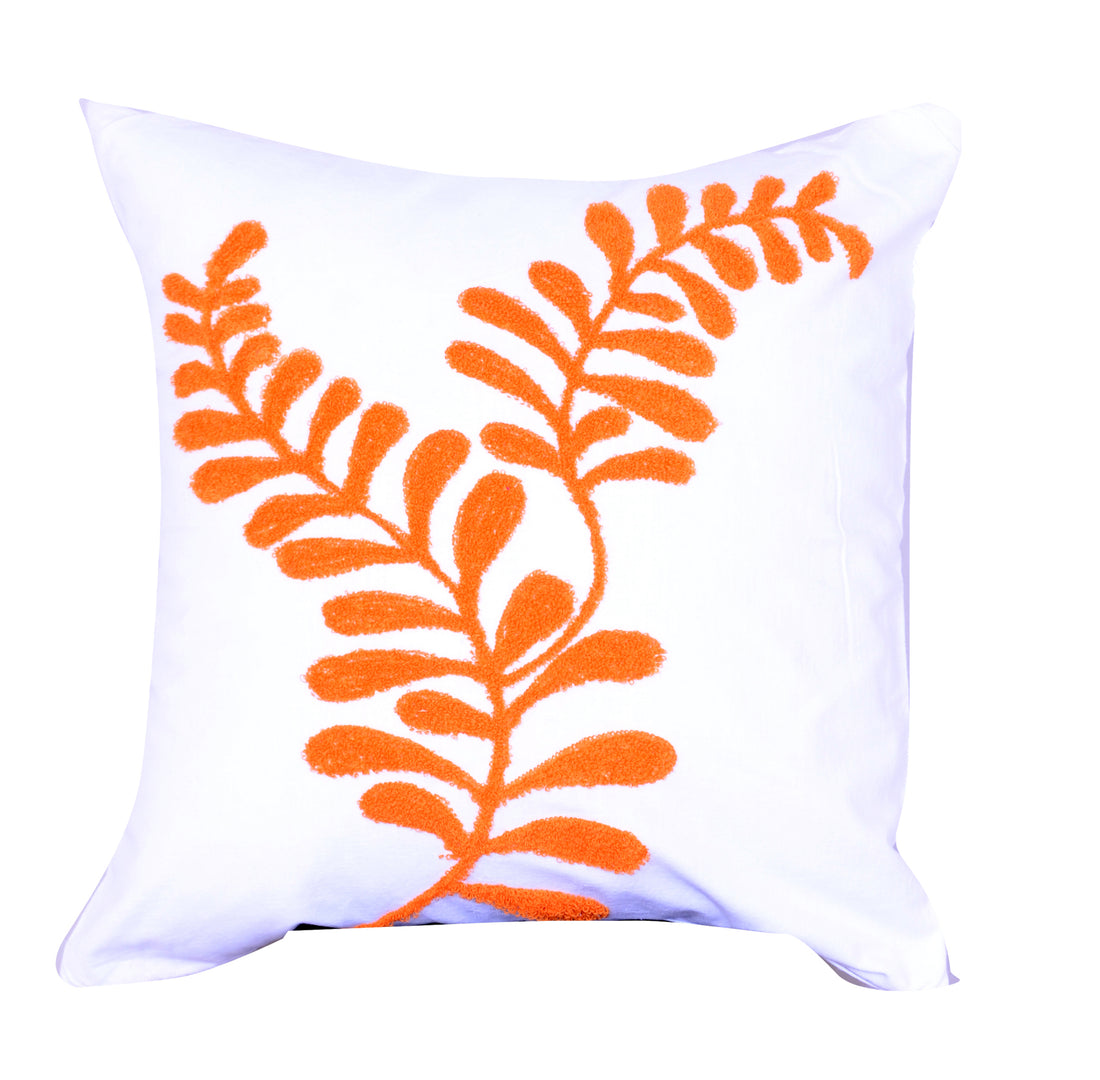 18 X 18 Inch Cotton Pillow With Sprig Pattern Embroidery, Orange Orange Polyester Blend