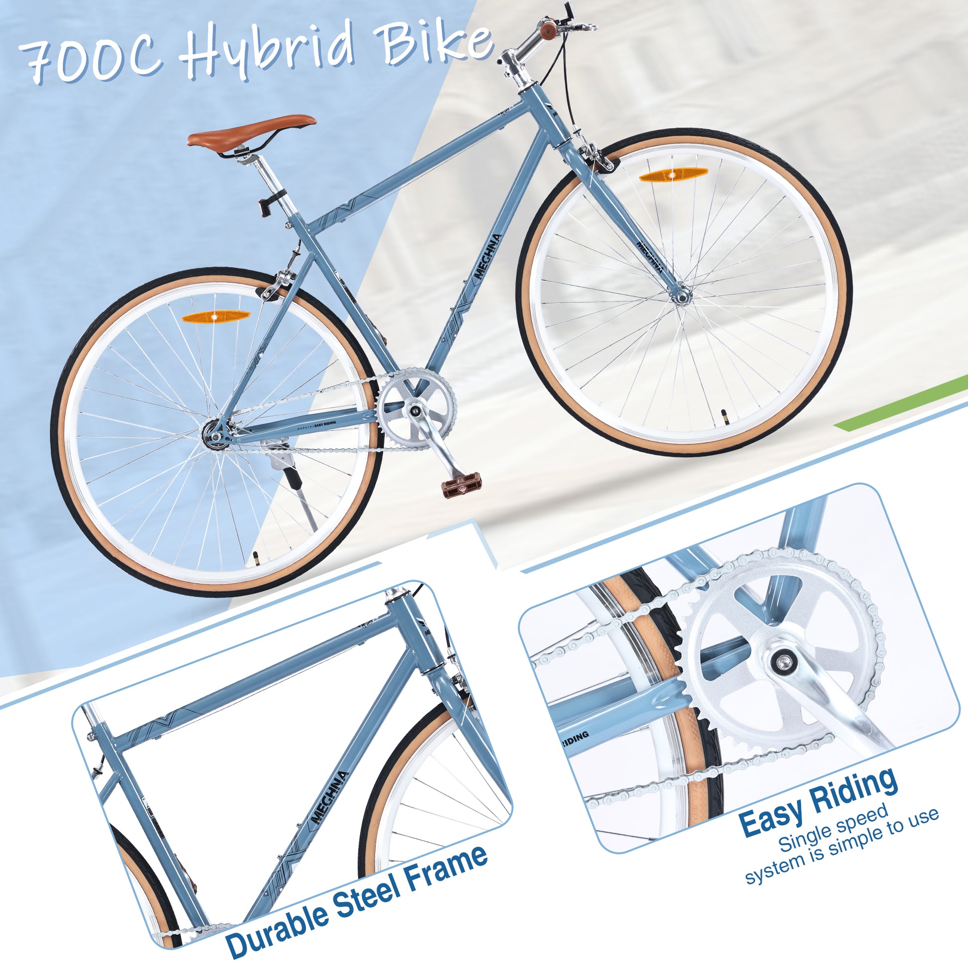 Single Speed Retro Style 700C Road Bike For Men Women'S City Bicycle,Steel Frame Blue Gray Steel