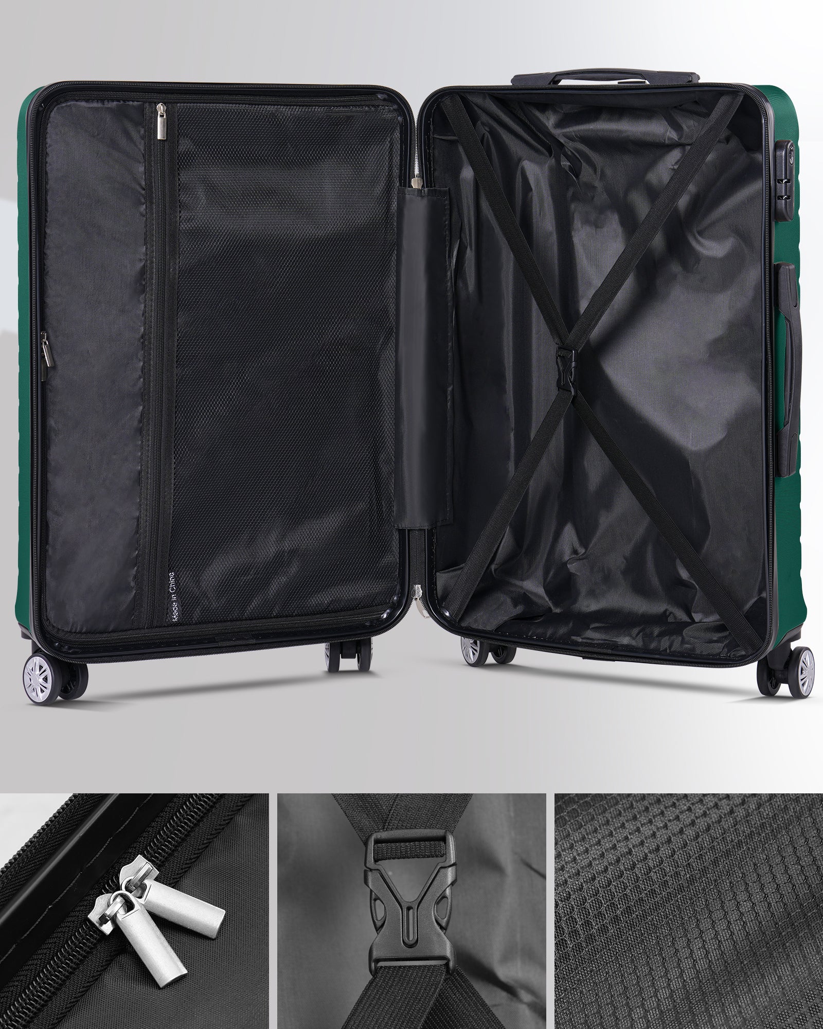 3 Piece Luggage Sets With 7 Pcs Organizer Bags For Kinds Of Travel Dark Green Abs