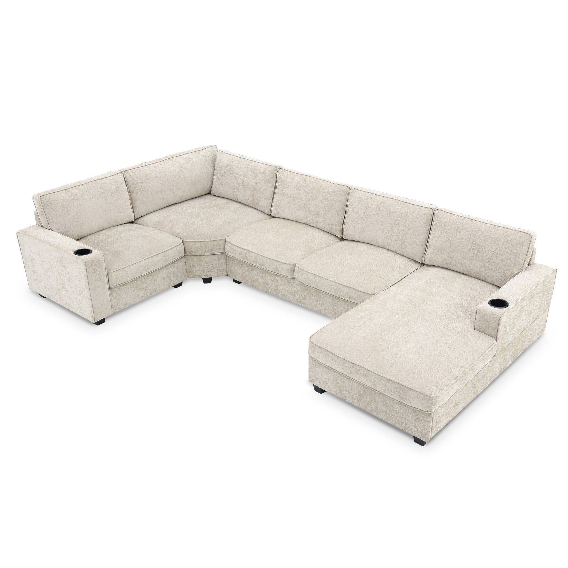 119*67" U Shaped Sectional Sofa,6 Seat Chenille Couch Set With Oversized Chaise Lounge,Irregular Corner,Deep Seat Comfy Sofa With Cup Holders For Living Room,Apartment,2 Colors Beige Chenille 6 Seat