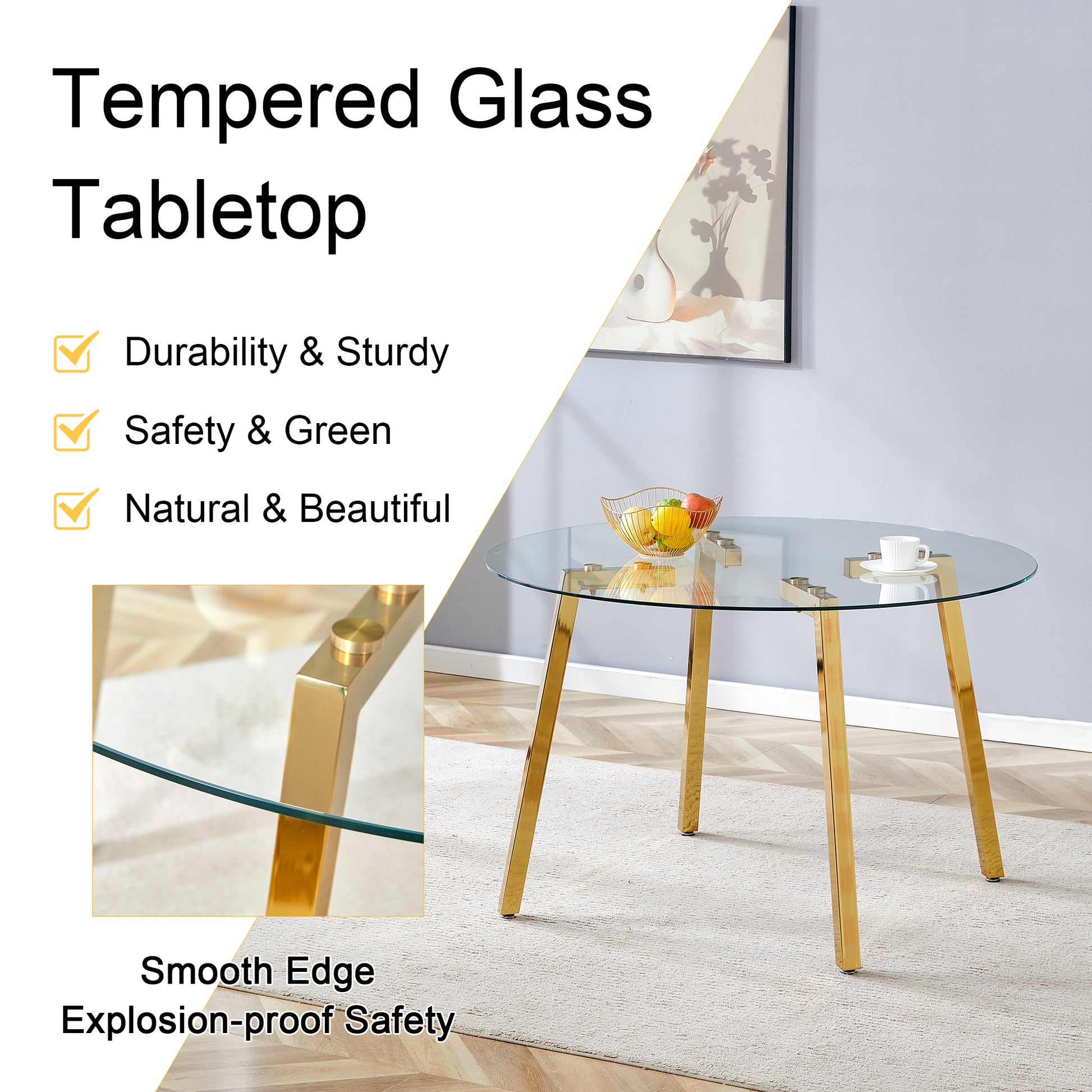 Modern Luxurious Round Tempered Glass Dining Table With Gold 7 Shaped Metal Legs,Suitable For Family Meals, Office Conferences, Or As A Casual Coffee Table For Various Occasions.47.3*47.3*29.5 Gold