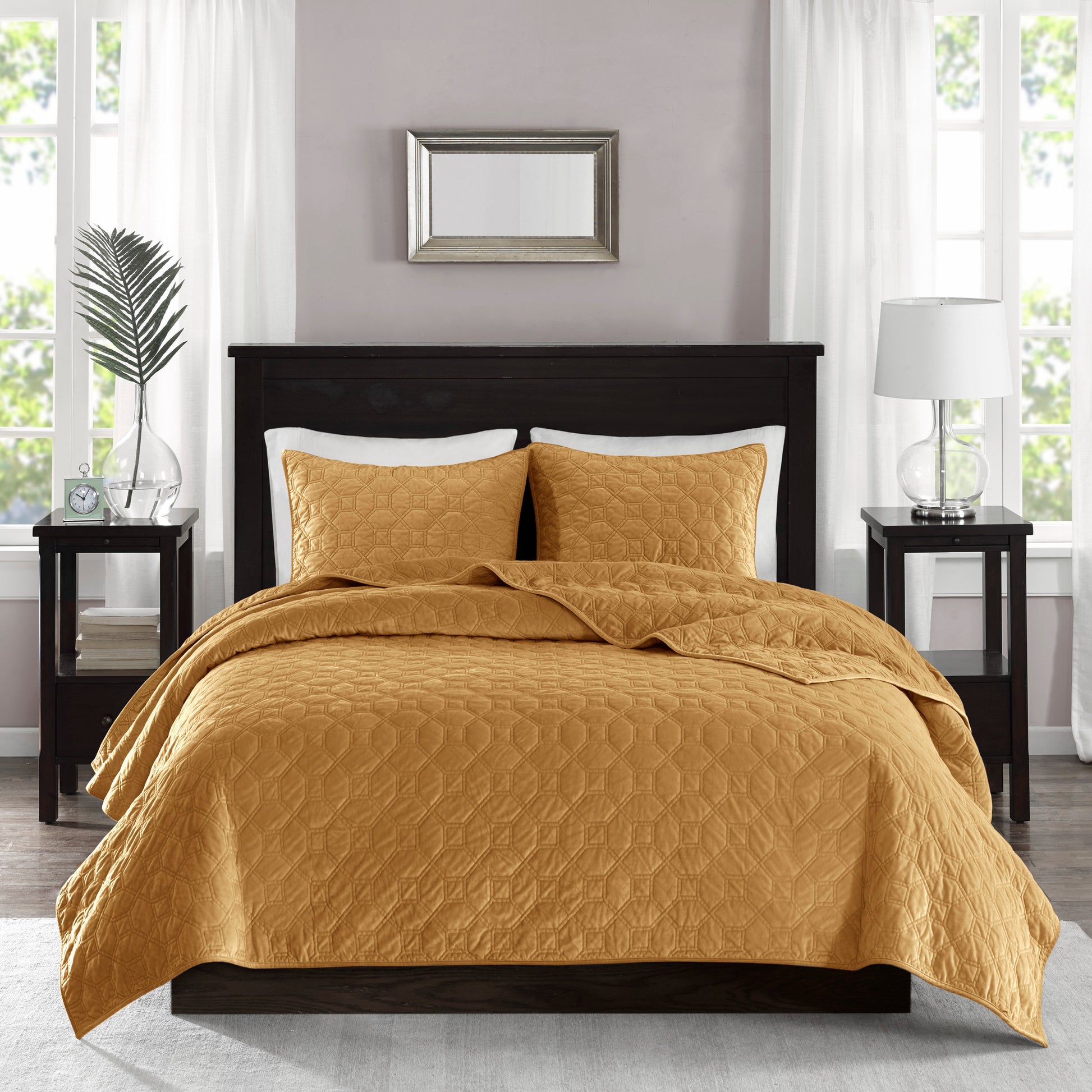 3 Piece Velvet Quilt Set Mustard Full Queen Full Mustard Cotton