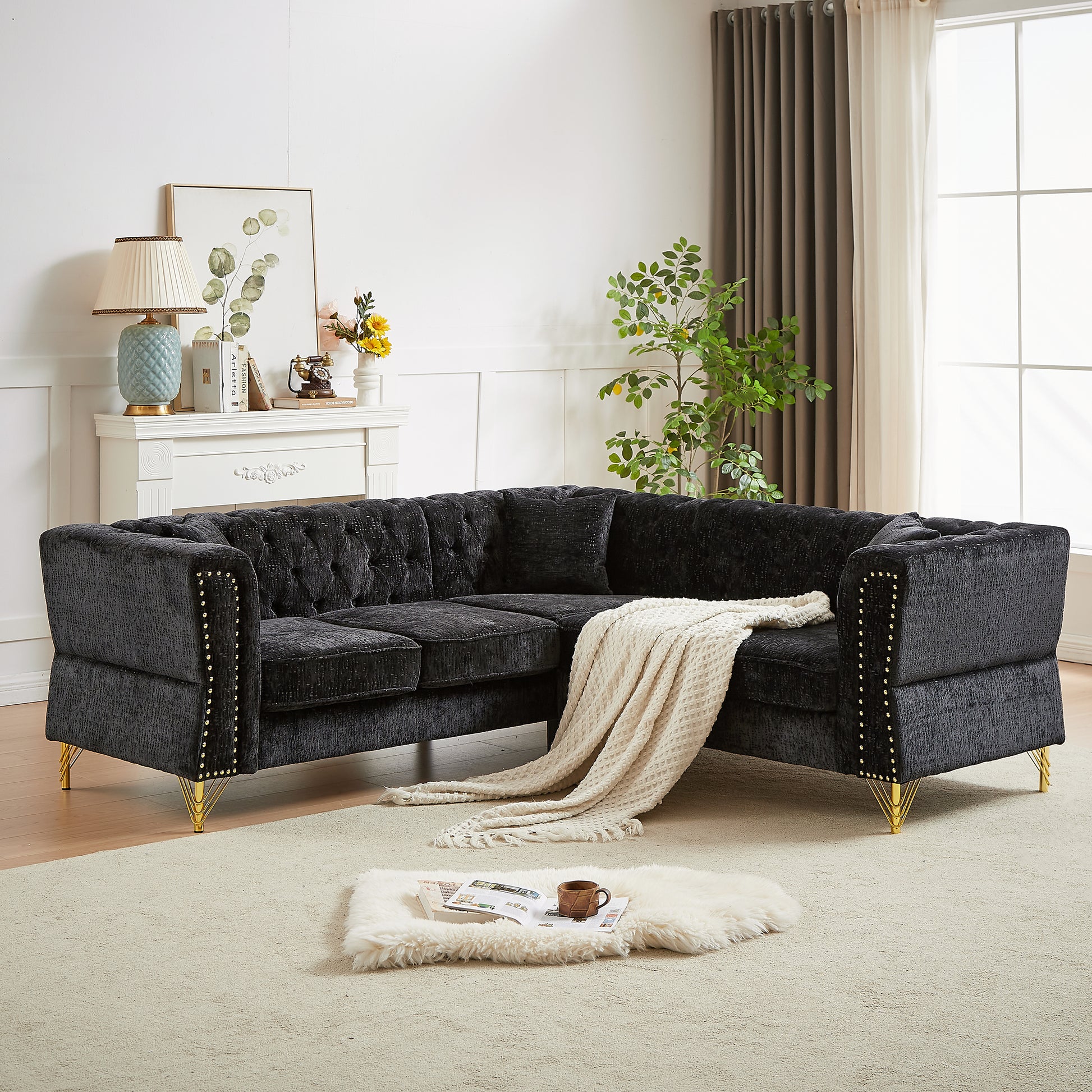 81.5 Inch Chenille Corner Sofal Shaped Sectional Couch, 5 Seater Corner Sofas With 3 Cushions For Living Room, Bedroom, Apartment, Office Black Foam Chenille 5 Seat