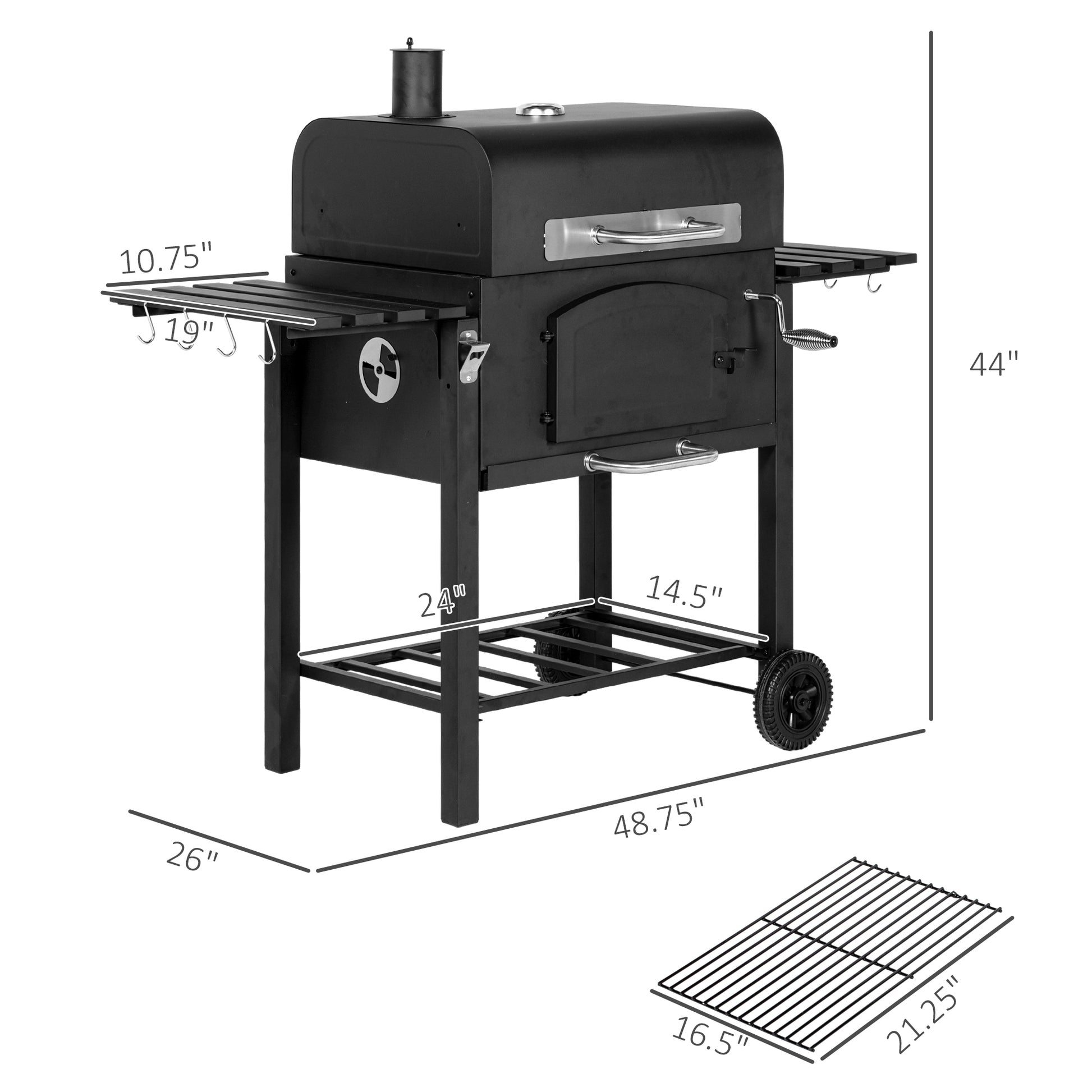 Outsunny Charcoal Grill, Bbq With Adjustable Height, Portable Barbecue With Folding Shelves, Thermometer, Bottle Opener & Wheels For Outdoor Camping, Picnic, Patio, Backyard, Black Black Steel