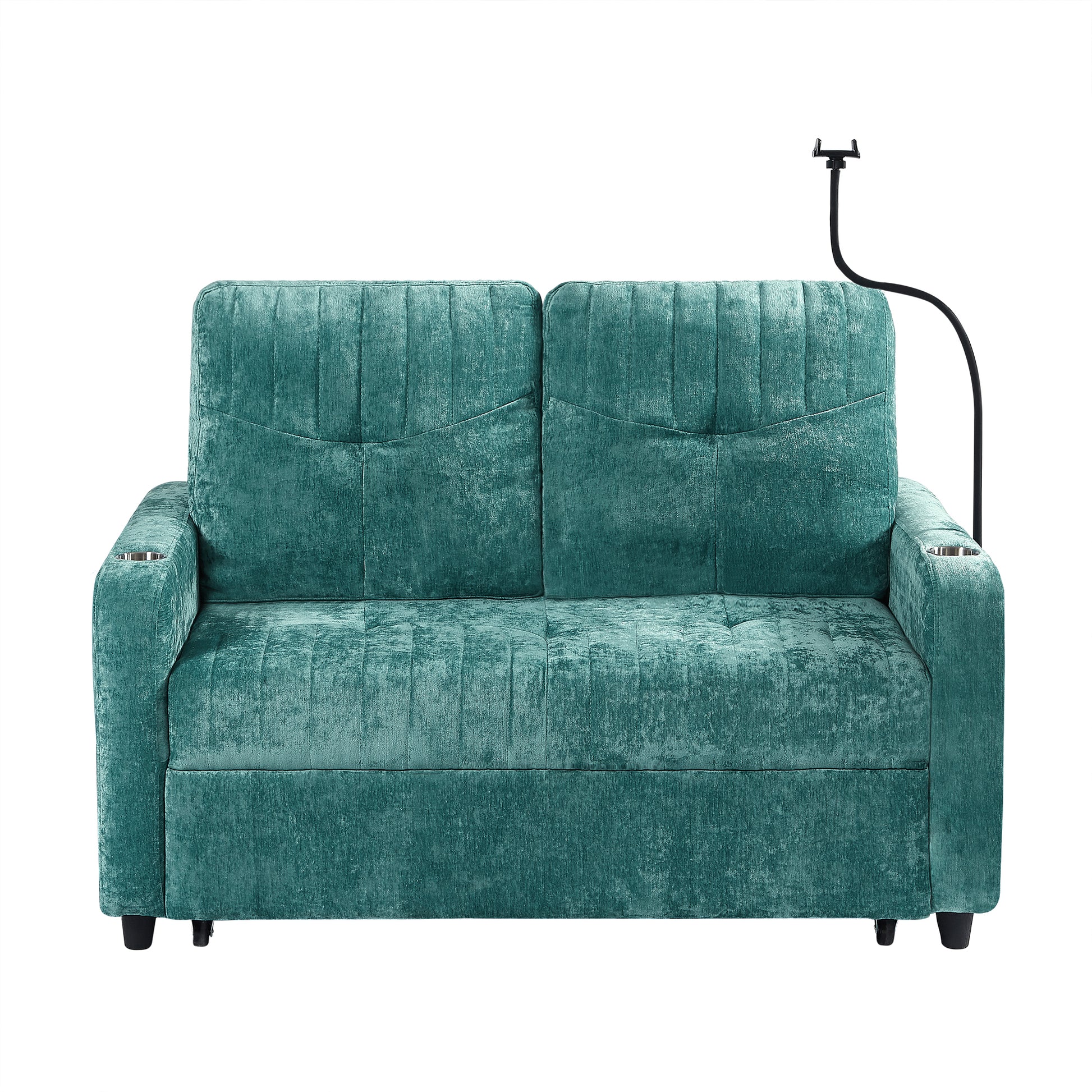 53.9" Modern Loveseat Pull Out Sofa Bed With Adjustable Backrest, Two Cup Holdersa Phone Holder, Three Charging Ports And Side Storage Pockets For Living Room, Teal Teal Foam Chenille