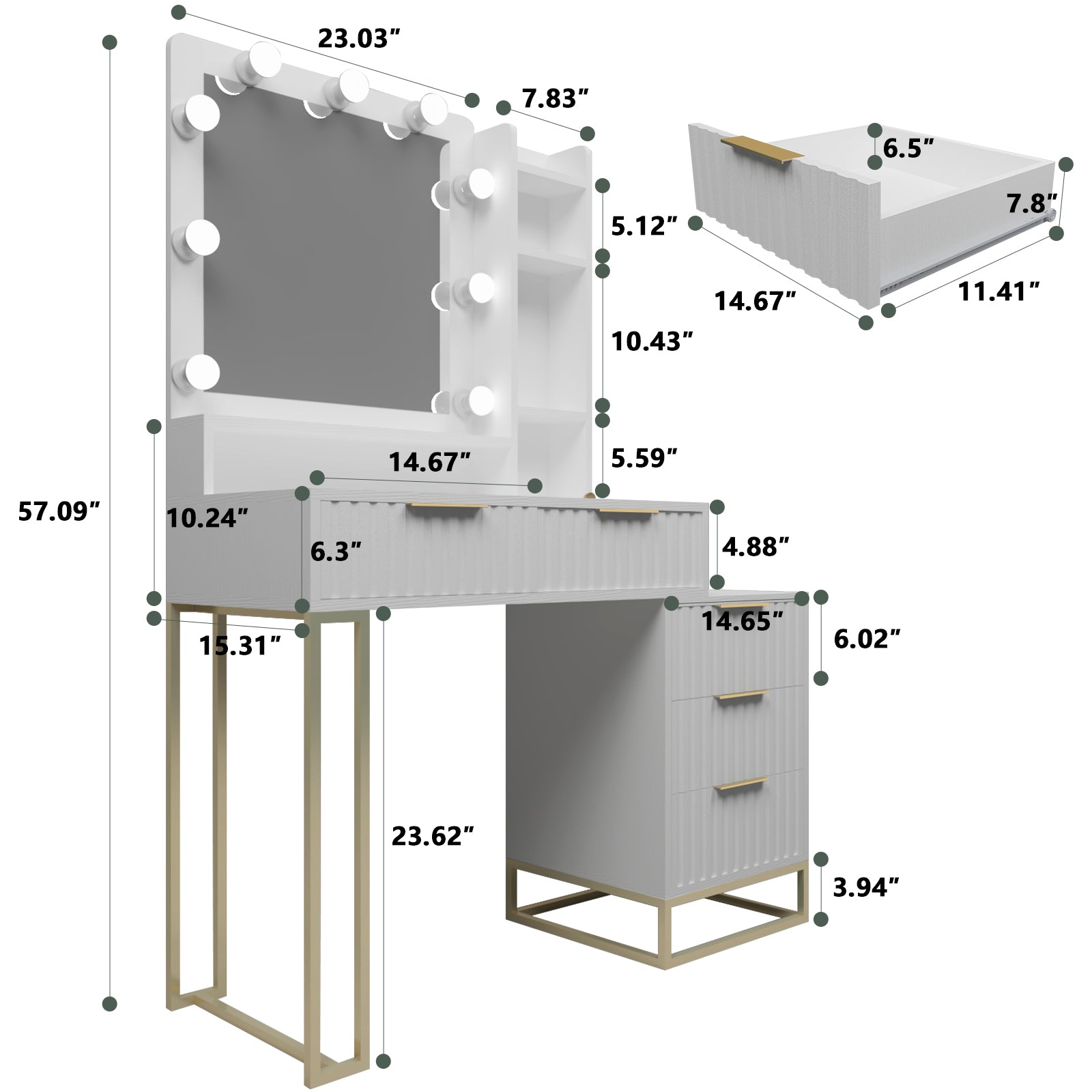 Makeup Vanity Desk With Mirror And Lights, Vanity Table, 5 Drawers, Side Cabinet, Storage Shelves For Bedroom, White White Drawer 5 Drawers & Above Bedroom Extra Deep Drawers Mdf